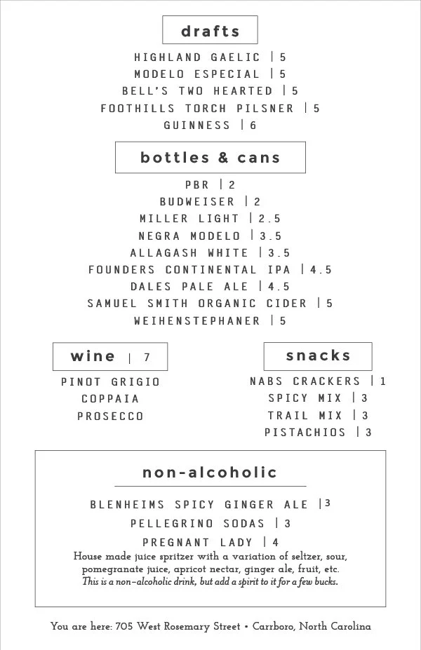 Bowbarr Carrboro Drinkery menu design — cocktails drafts wine snacks and non-alcoholic drink menu