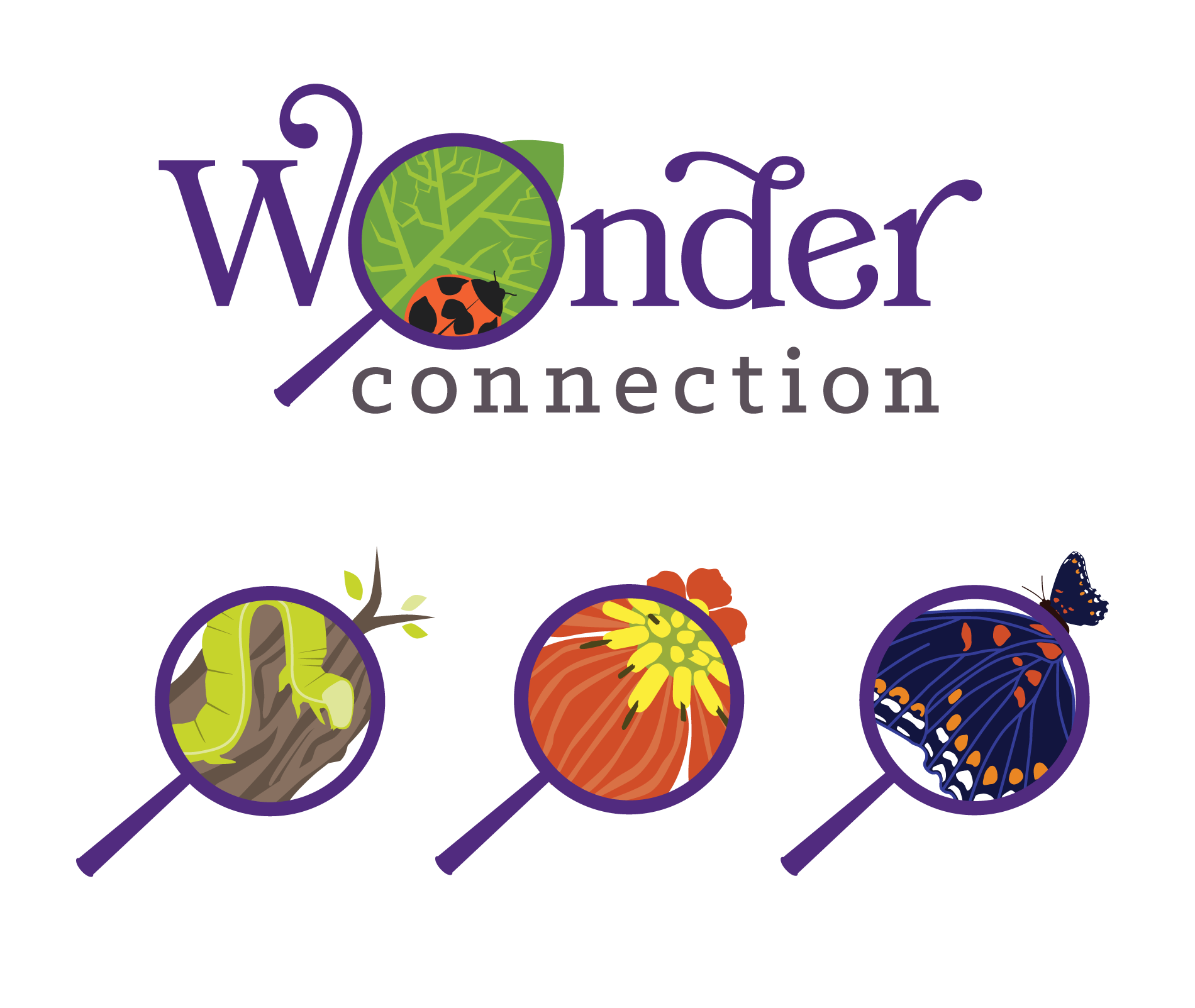 Wonder Connection logo — purple script wordmark with illustrated nature magnifying glass icon