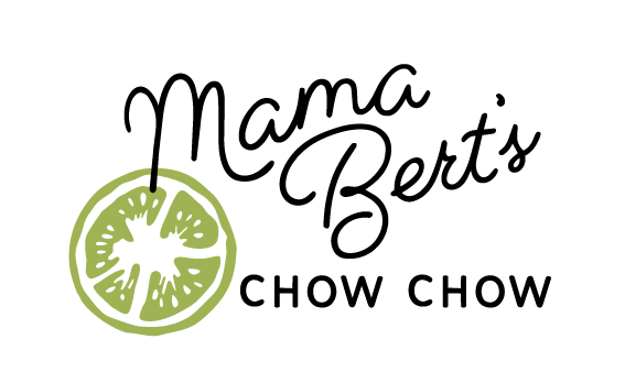Mama Bert's Chow Chow logo — hand lettered script with green tomato slice illustration
