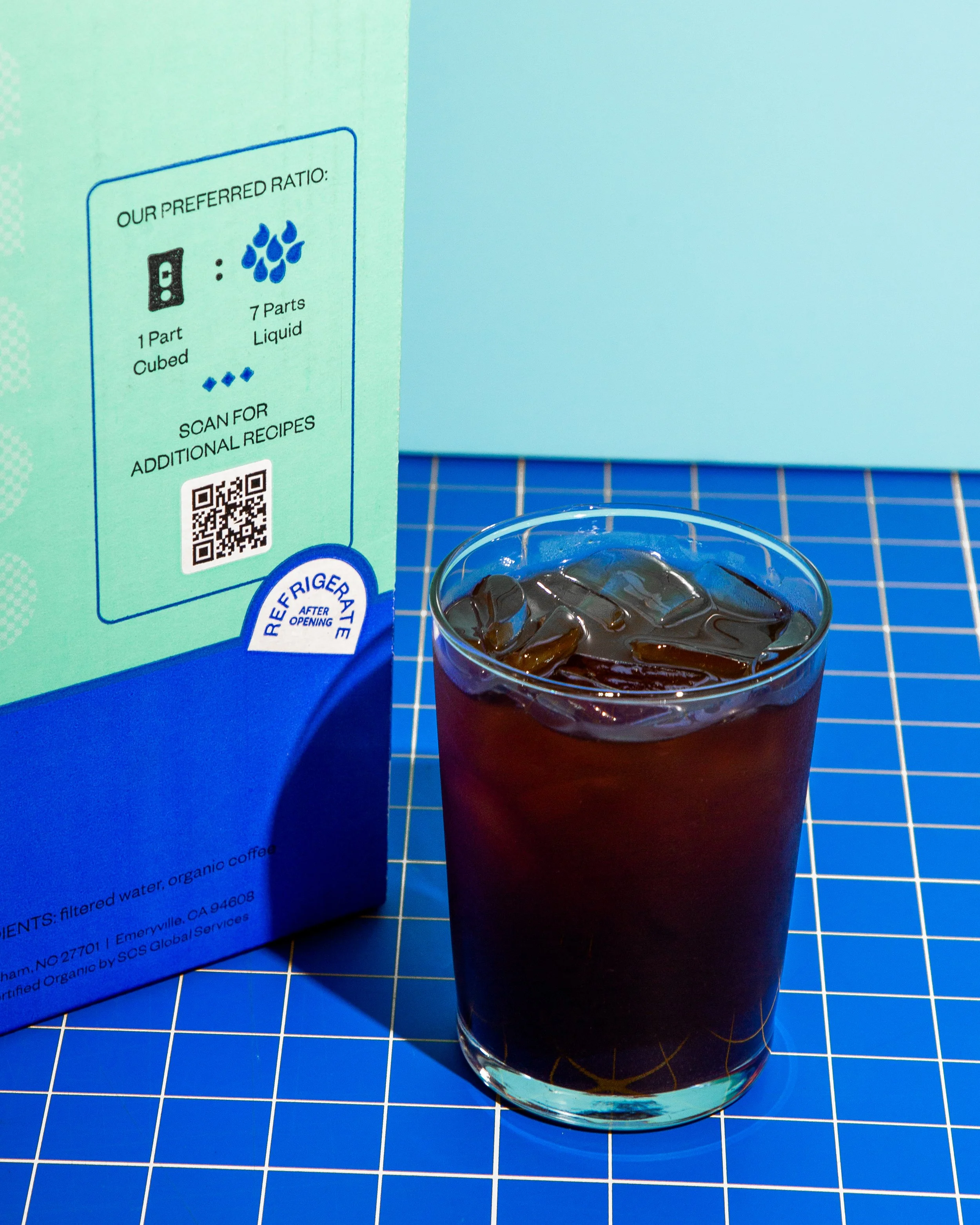 Cubed Counter Culture Coffee packaging side panel — preferred ratio instructions and QR code for recipes