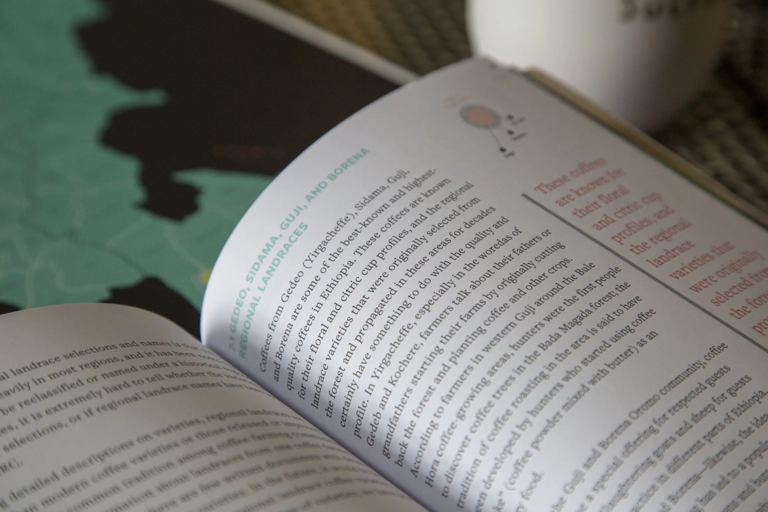 A Reference Guide to Ethiopian Coffee Varieties interior — open book showing dense editorial body text with red accents