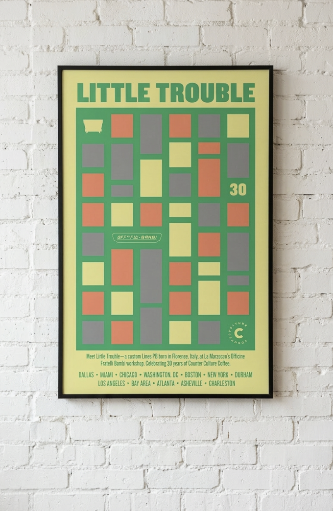 Little Trouble tour poster — Counter Culture Coffee and La Marzocco Linea PB collaboration, green grid design with city tour dates, framed on white brick wall