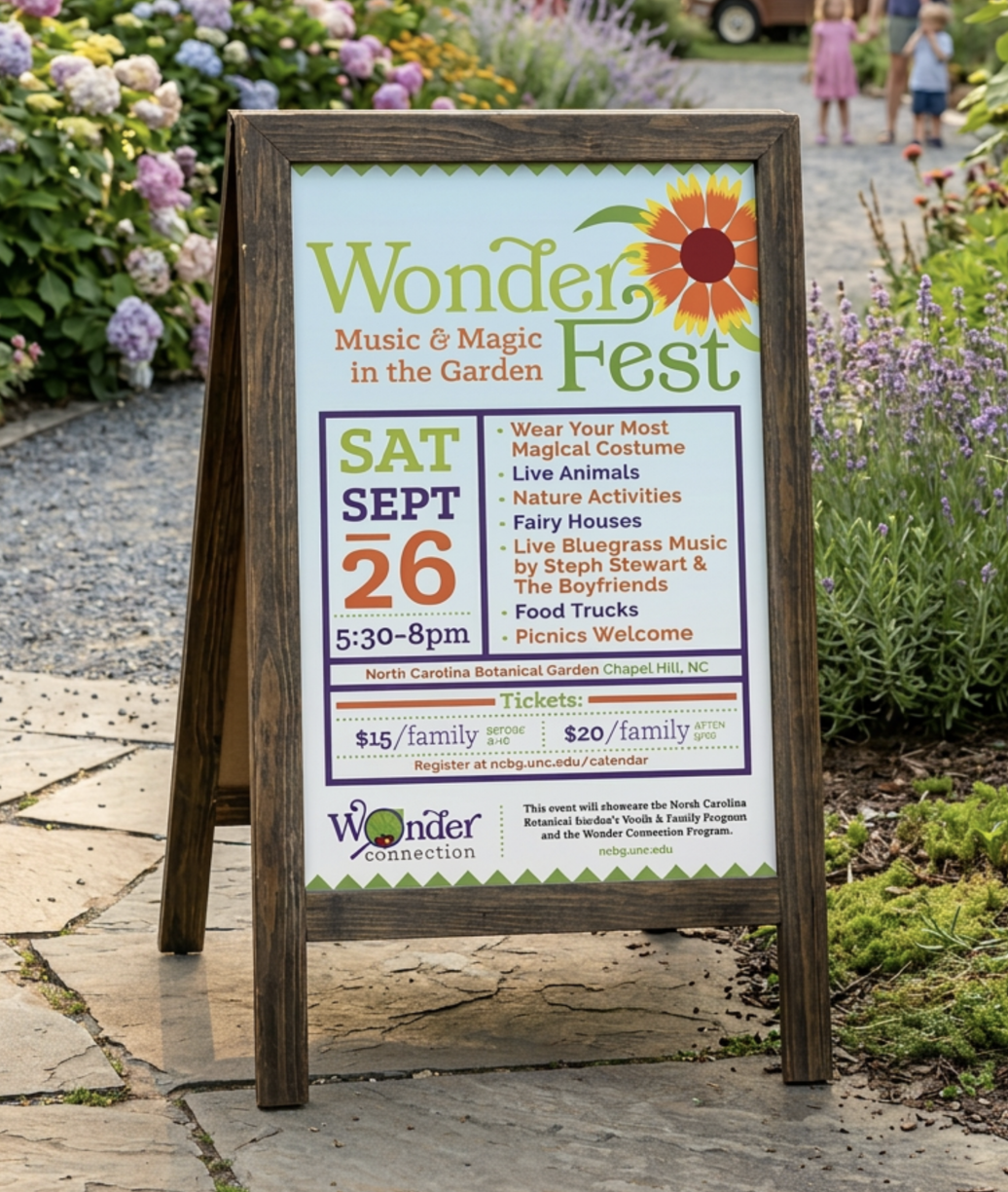 Wonder Connection Wonder Fest event poster — Music and Magic in the Garden outdoor event sign in garden setting Chapel Hill NC