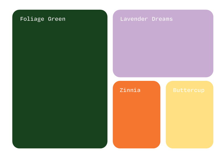 Green Line Floral Design brand color palette — foliage green, lavender dreams, zinnia orange, buttercup yellow