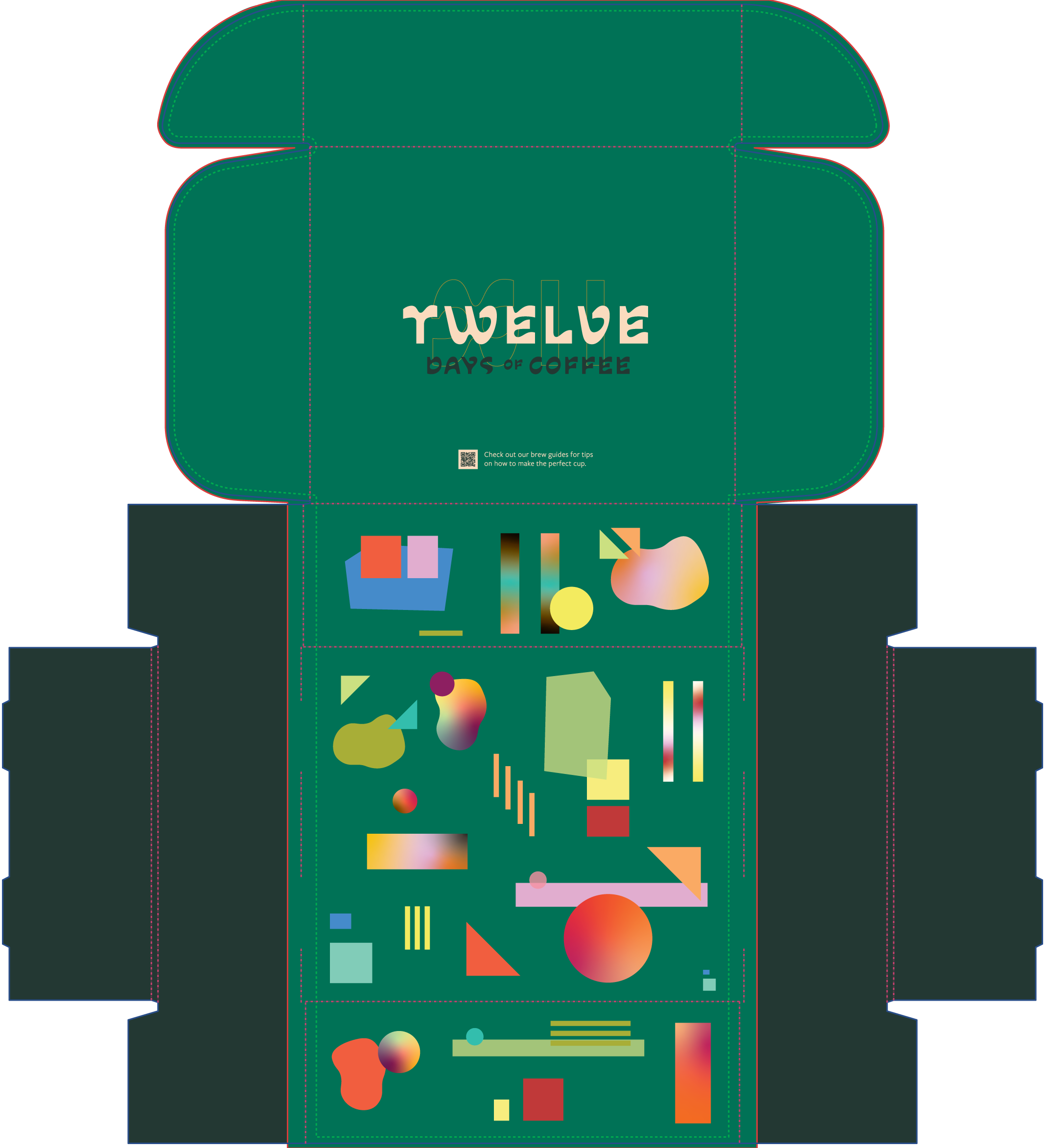 Counter Culture Coffee 12 Days of Coffee box interior dieline — dark green box with Twelve Days of Coffee typography and full label illustration scatter