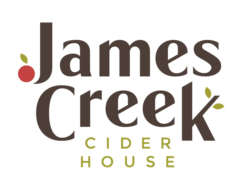 James Creek Cider House logo — warm brown serif wordmark with apple and leaf illustration