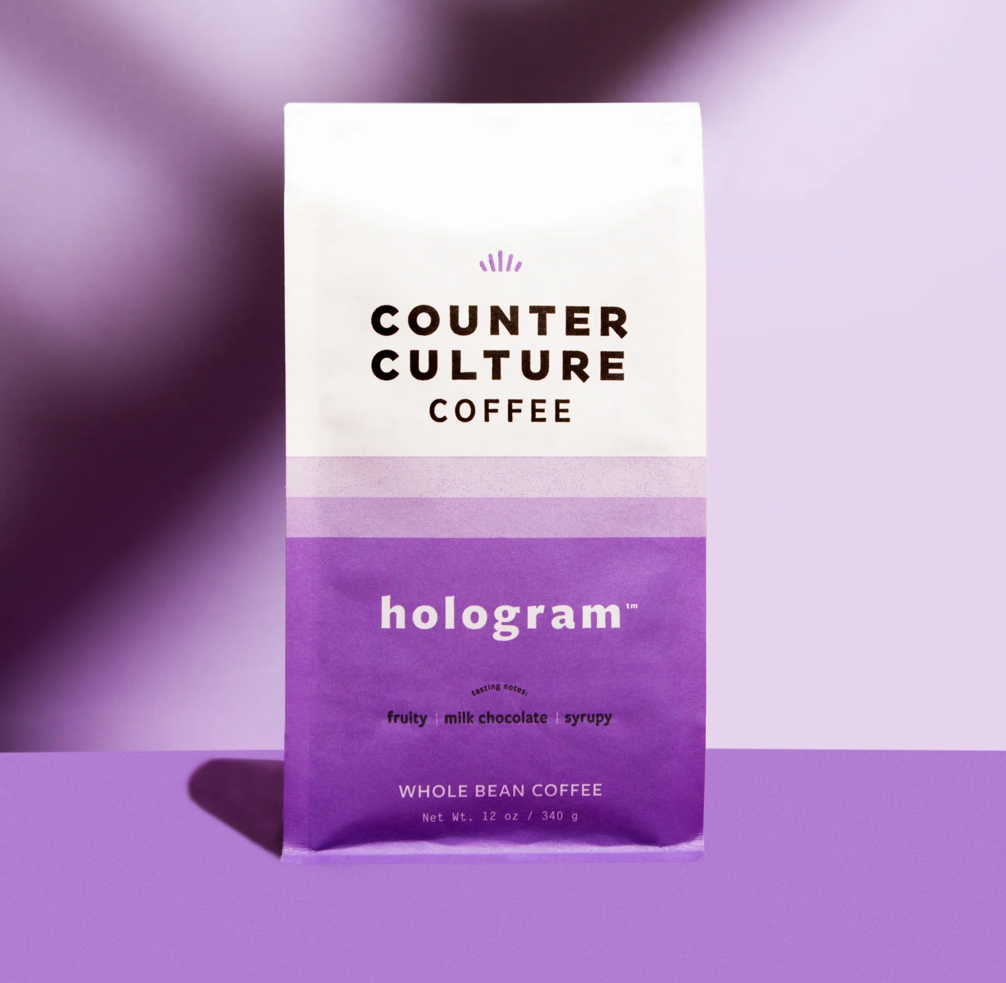 Counter Culture Coffee Hologram blend packaging — purple gradient whole bean coffee bag