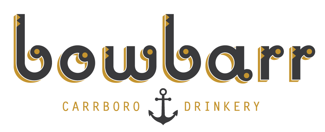 Bowbarr Carrboro Drinkery logo — lowercase wordmark with anchor icon and gold detail