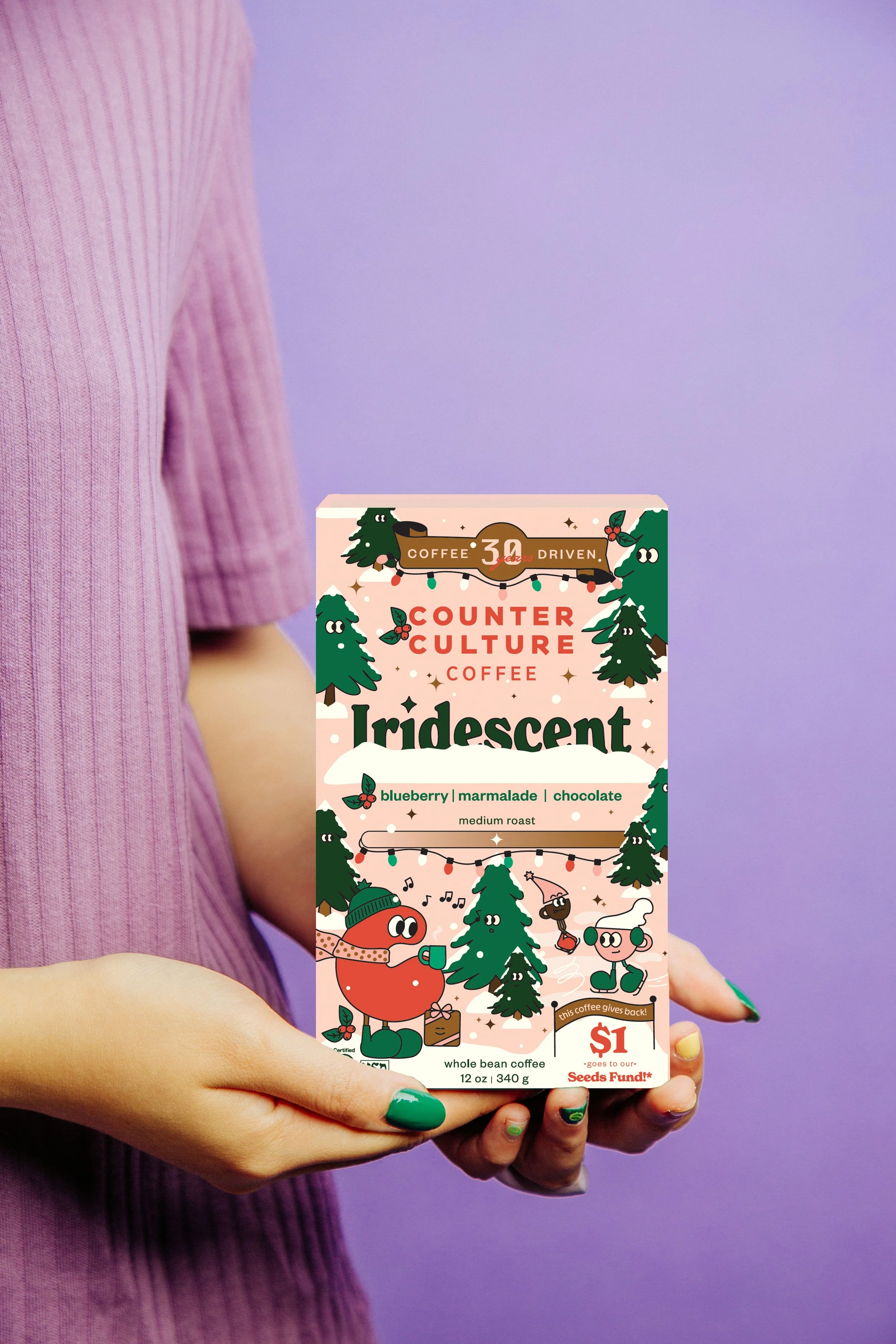 Counter Culture Coffee Iridescent holiday seasonal release box — person holding dark green illustrated packaging on purple background