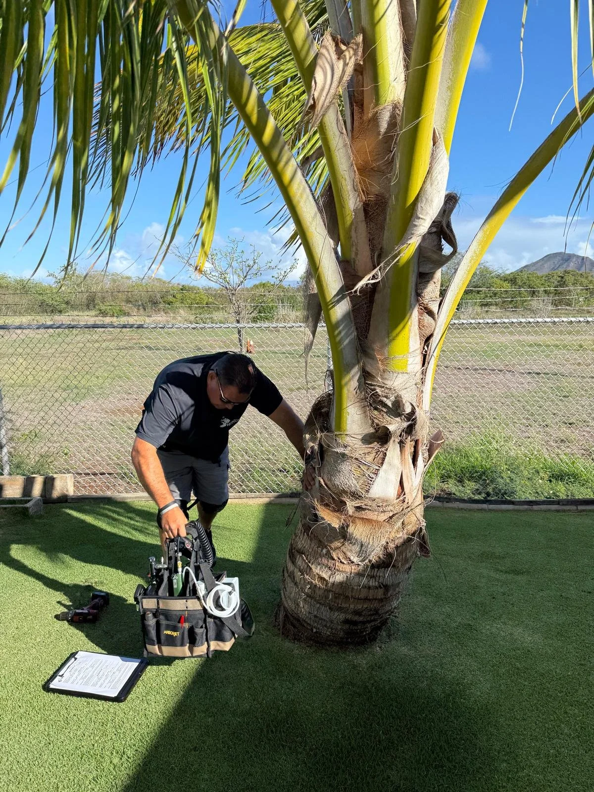 	
Joshua Pokipala of HonuaWai performing CRB tree injections with the ArborJet system for optimal efficiency.