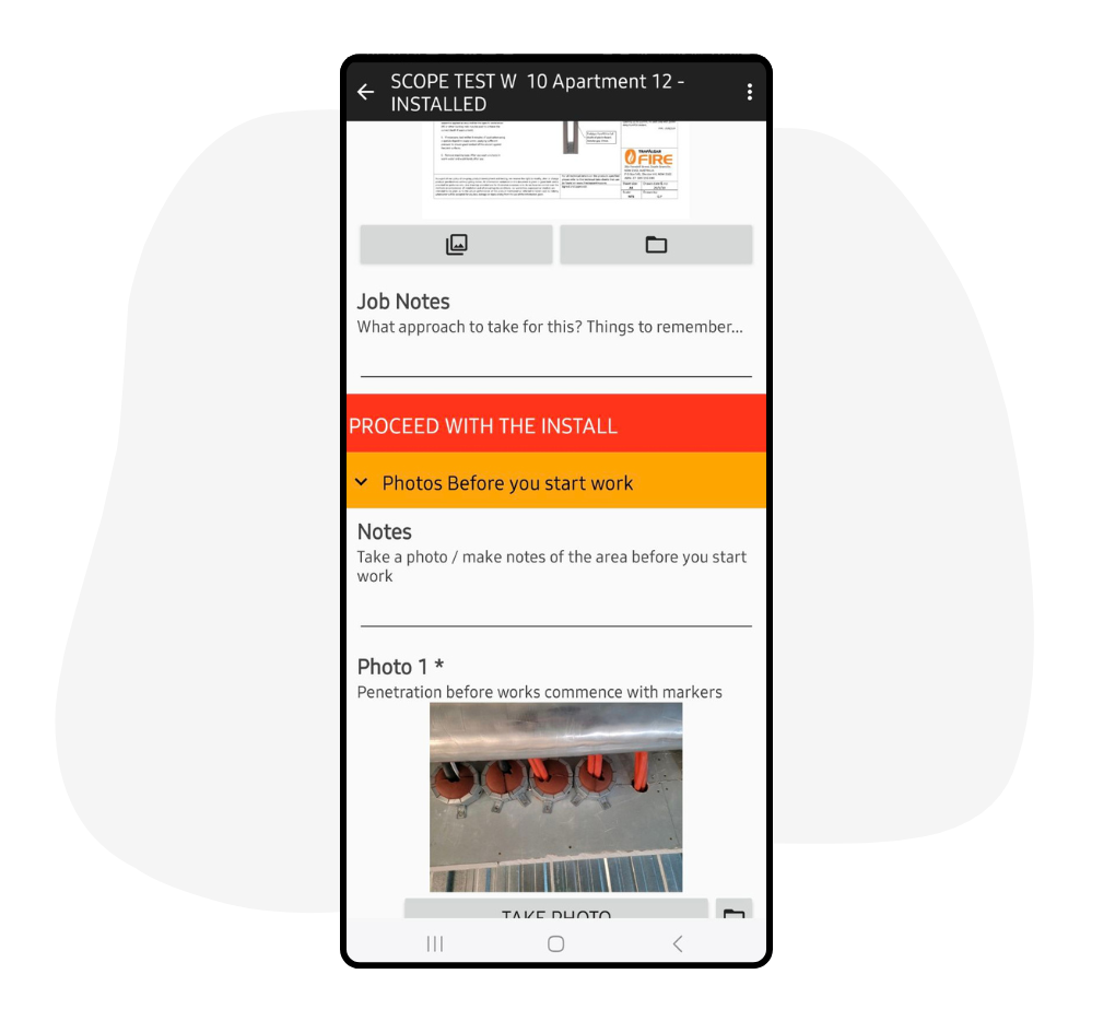 Firestopping install record example on app