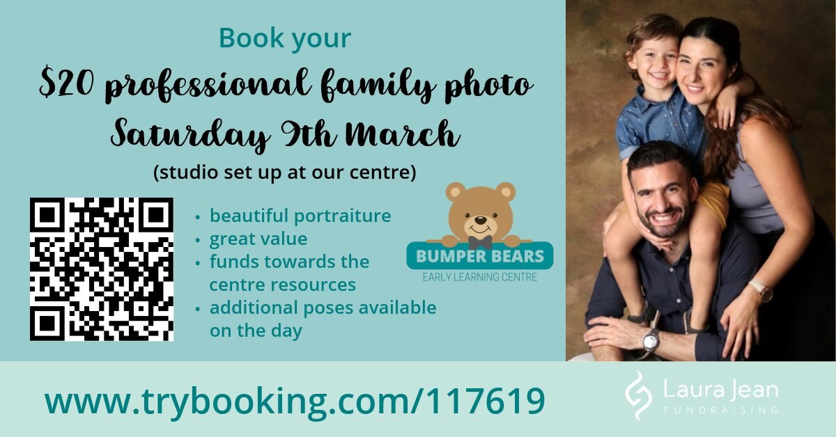 Very special $20 family photo offer for all centre families

Bede from Laura Jean photography is setting up his professional studio at our centre on Saturday 9th March

His work is lovely, please see samples and more info. on their website
&lt;http:/