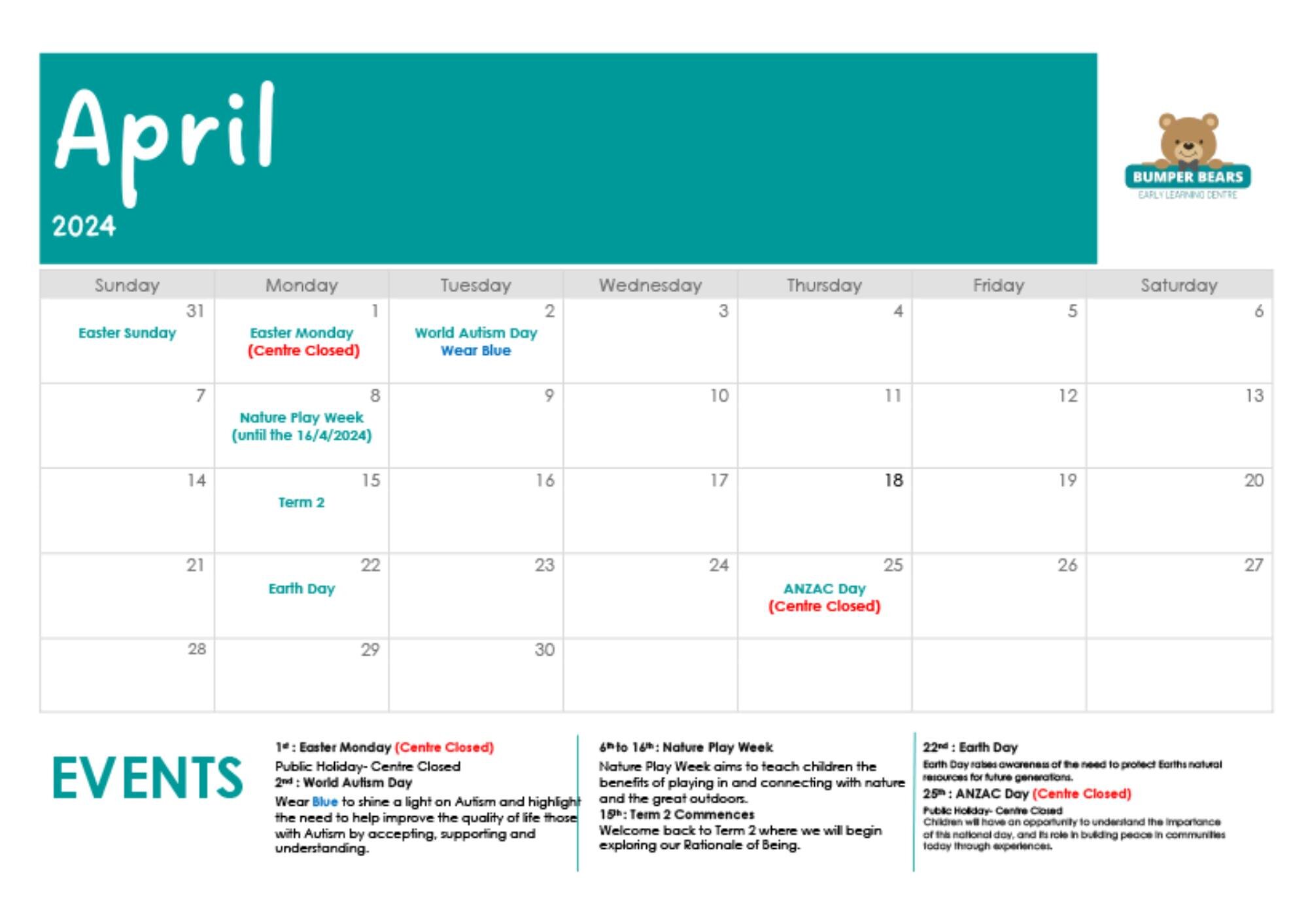 Check out our April Calendar of events #Easter #worldautismday #natureplay #AnzacDay #earthday #april #calendarofevents