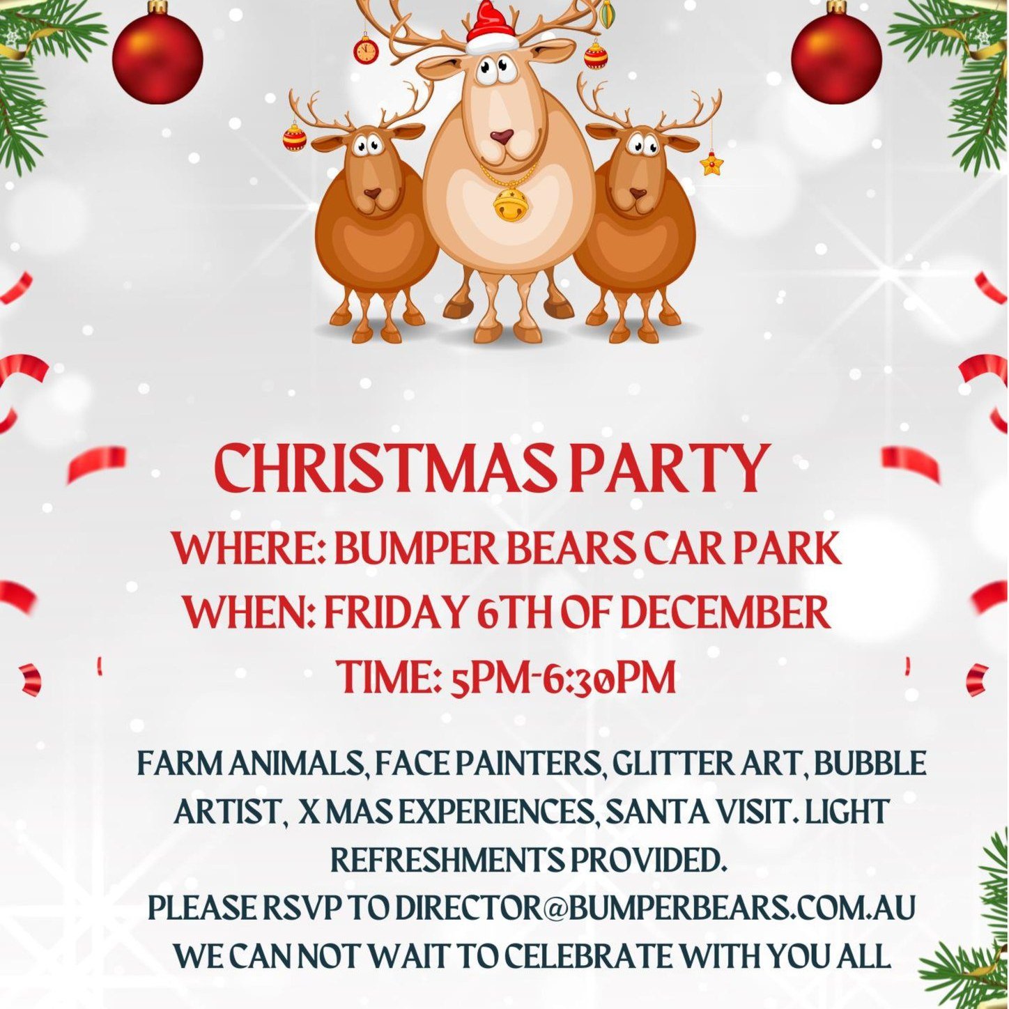 Families are invited to come along to our Children's Christmas Party. There will be farm animals, face painting, a bubble artist, and even a visit from Santa. 

#bumperbearselc #christmasparty #snataiscoming #CelebrateWithUs #familytime #endofyearcel