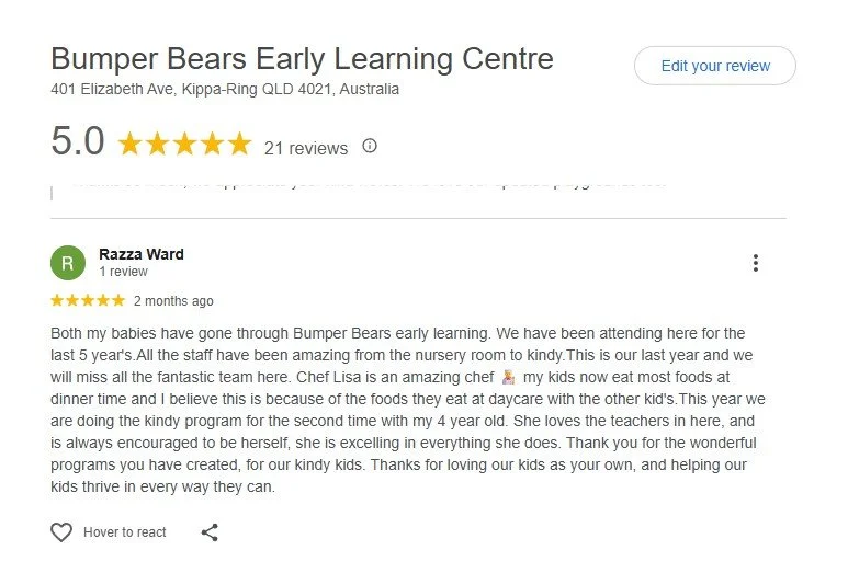 Thank you for your kind words in your Google Review Razza, we appreciate your feedback 
#googlereviews #bumperbearselc #QualityCare #childcareinredcliffe #redcliffepeninsulacommunity #familyownedandrun