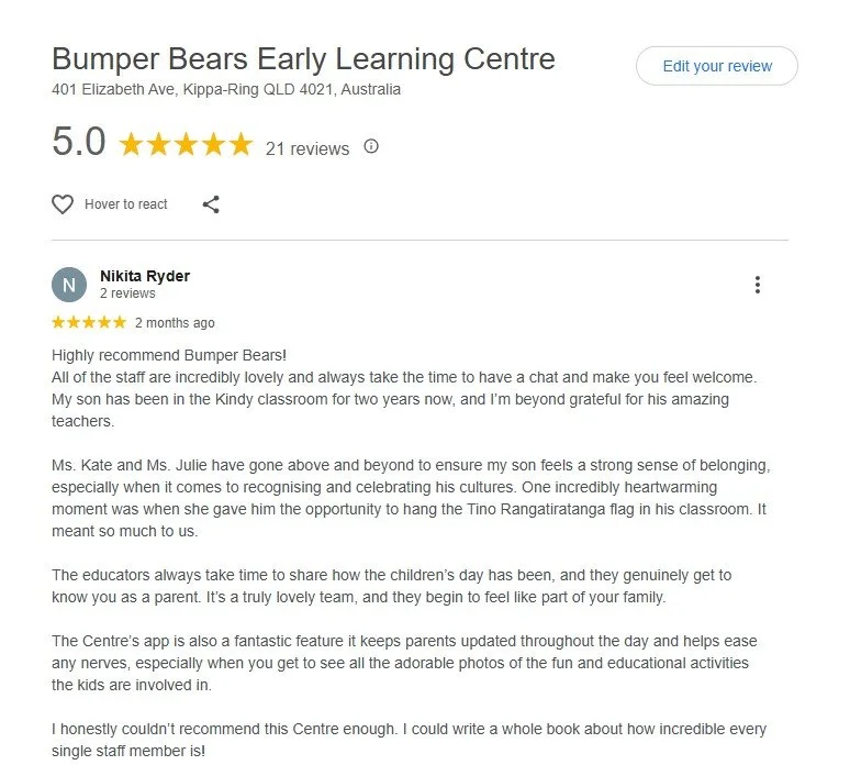 Thank you for your wonderful review of the Centre Nikita, we are so pleased that you have had a positive experience with us. We appreciate you taking the time to write a Google Review.
#googlereview #bumperbearselc #childcareredcliffepeninsula #Qual