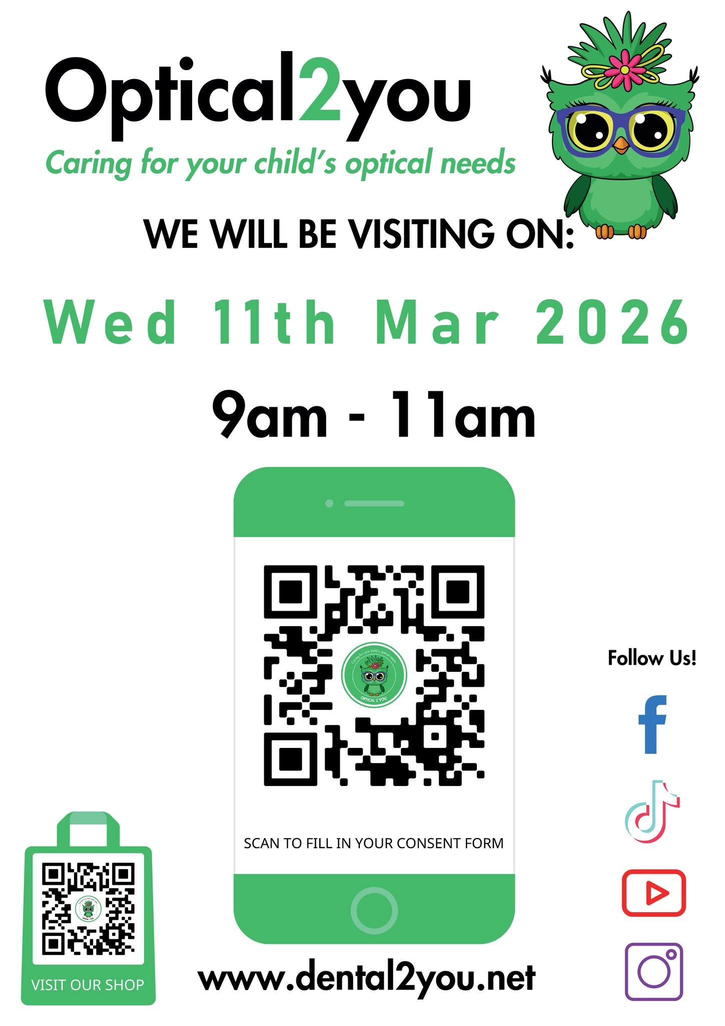 Get Ready!! 
Optical to you is coming to the Centre. Wed 11th March at 9am-11am. Fill in the consent form by scanning the QR Code, or follow this link - https://consent-form-app.dental2you.net 
#optical #optical2you #bumperbearselc #redcliffefamilies