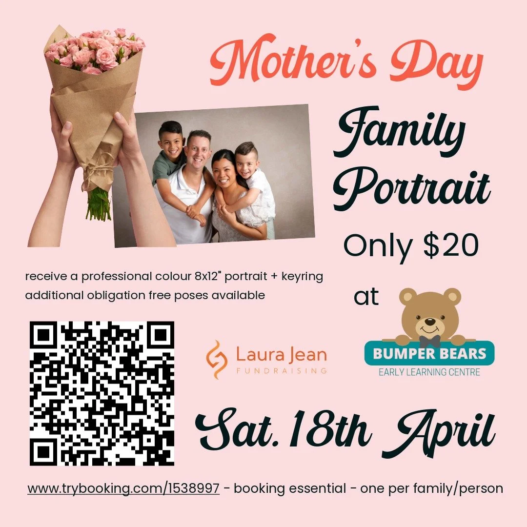 Dear Families,
Is it time to update your precious family photos? 📸
As this was so well received last year, we have rebooked Laura Jean&rsquo;s $20 professional portrait fundraiser at Bumper Bears on:
📸Saturday 18th April📸
Available once per family