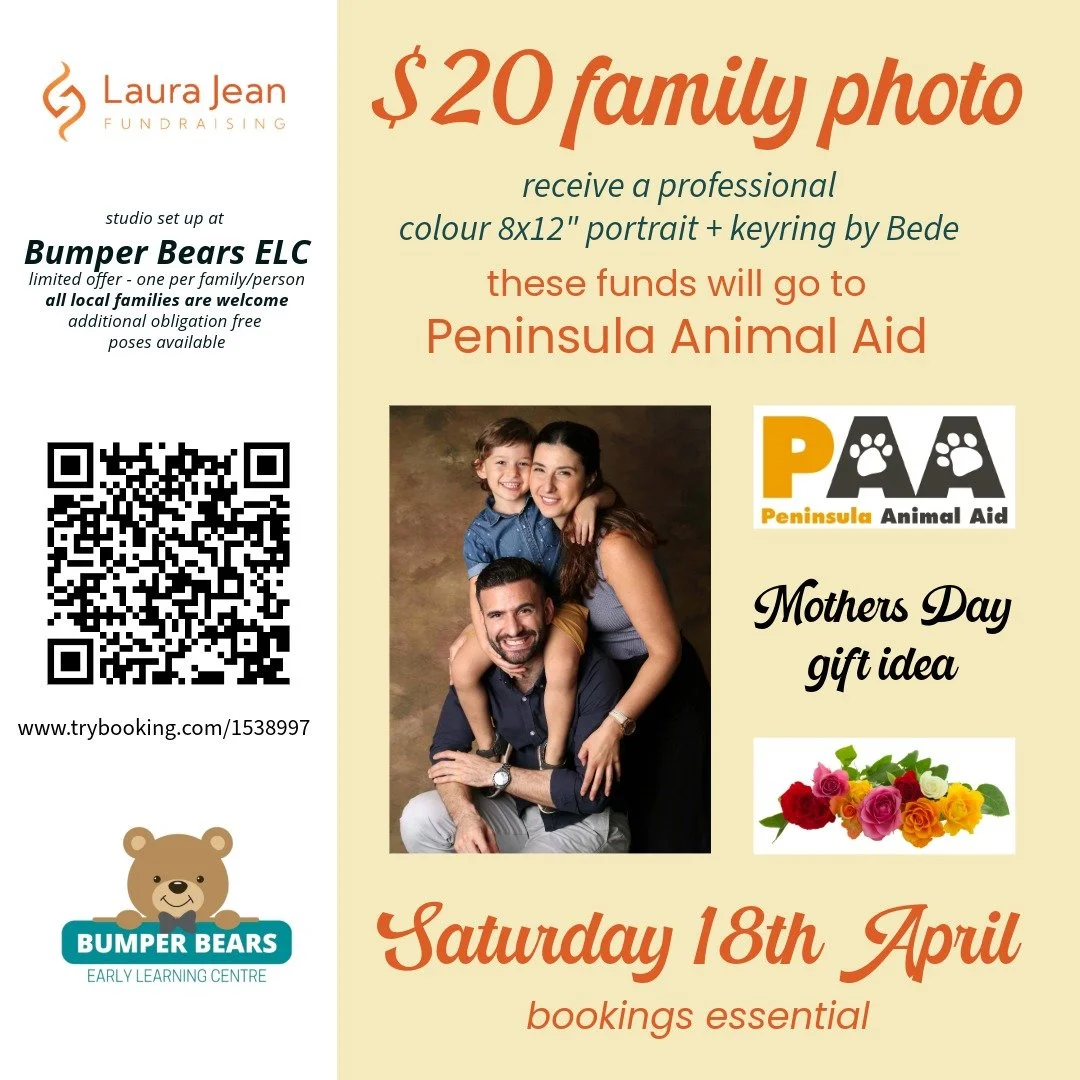 Dear Families,🫶
Is it time to update your precious family photos? 📸📸📸📸
As this was so well received last year, we have rebooked Laura Jean&rsquo;s $20 professional portrait fundraiser at Bumper Bears on:
📸Saturday 18th April📸
Available once pe