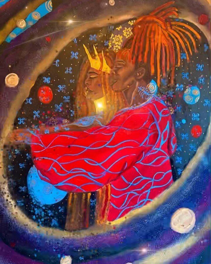 If you were able to have a dance in the Milky Way, what do you think it would be like for you?

Titles ( in order) : Nibiti Ifẹ Ko Si &Ograve;kunkun , Ifẹ Ti Ẹmi 
Sizes: 6&rsquo; x 4&rsquo; 
Series title: A Dance In The Milky Way
Mediums: Oil on birc