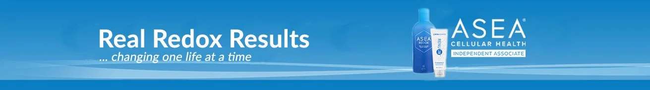 Banner for ASEA Cellular Health featuring a blue bottle and a white tube with the text 'Real Redox Results... changing one life at a time' and ASEA logo.