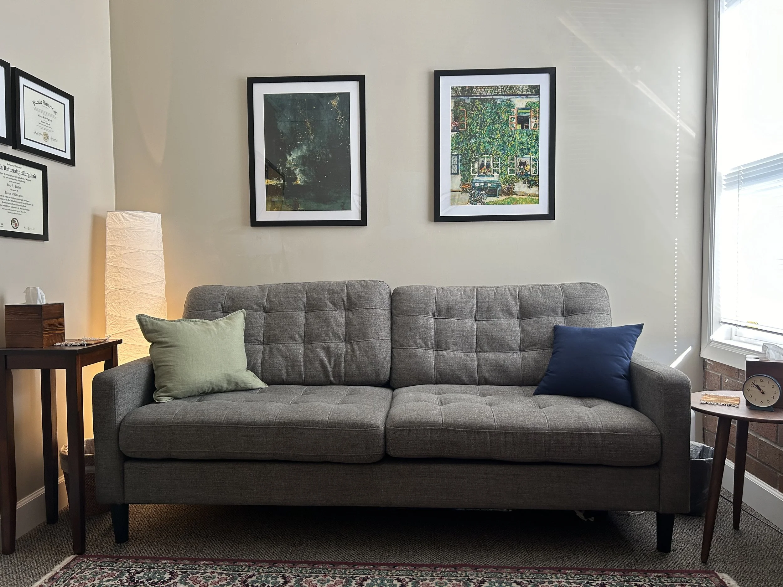 Living room with gray sofa, green and blue pillows, framed artwork on wall, lamp, side tables, tissue box, and clock.