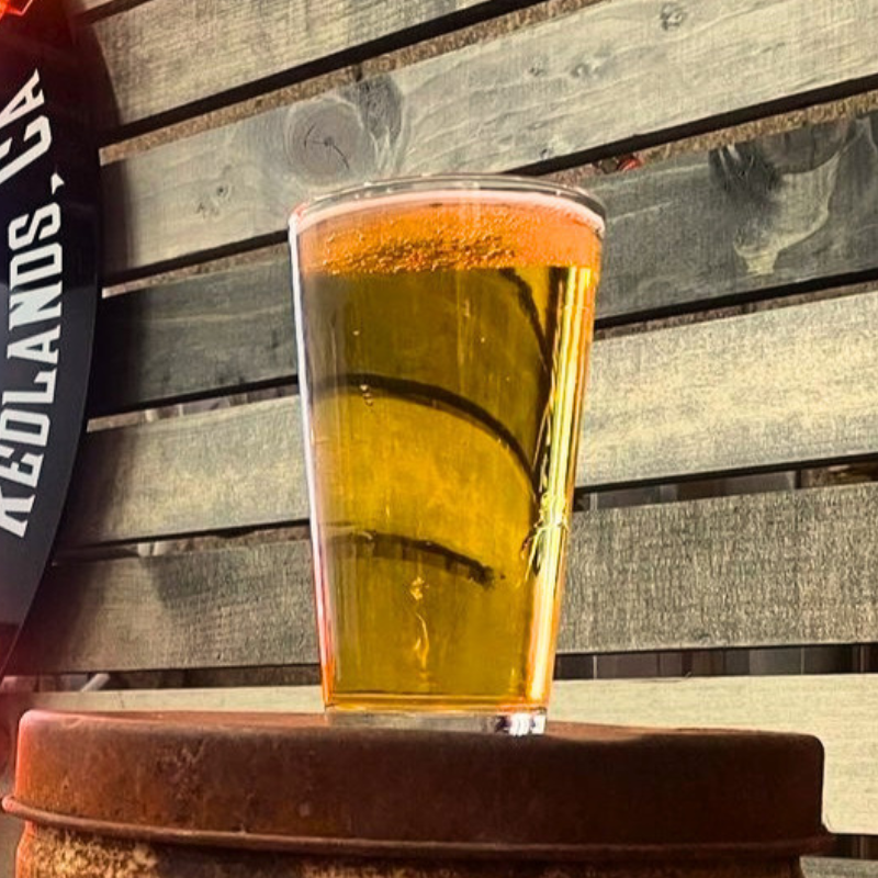 A clear glass of pale yellow beer with a slight foam head, placed on a wooden surface outdoors with a wooden fence in the background.