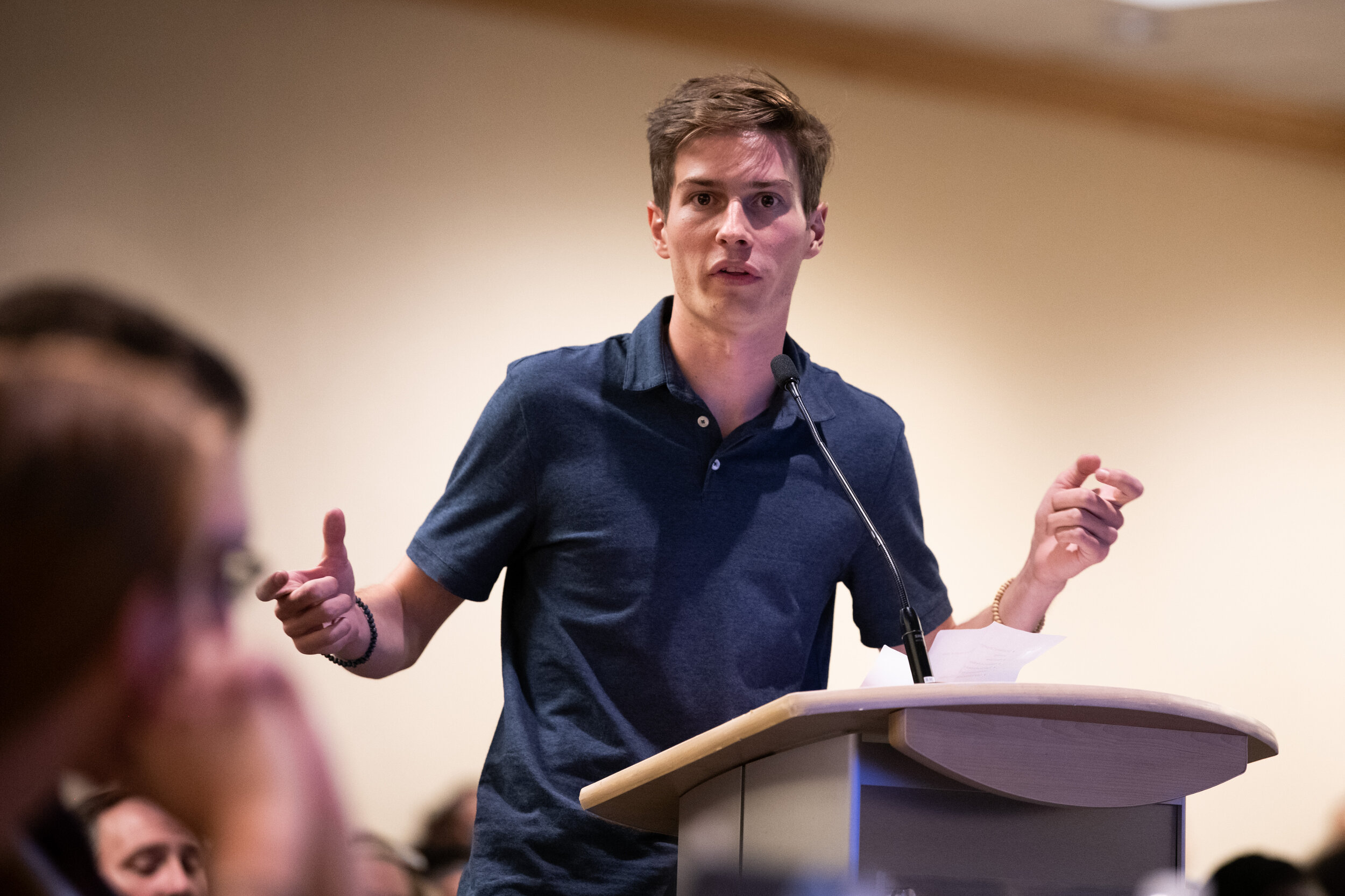 Associated Students of Colorado State University President Ben Amundson listens as members of the gallery speak during ASCSU’s senate session Sept. 18, 2019, regarding a blackface image that has been circulating on social media recently. (Colin Sheph