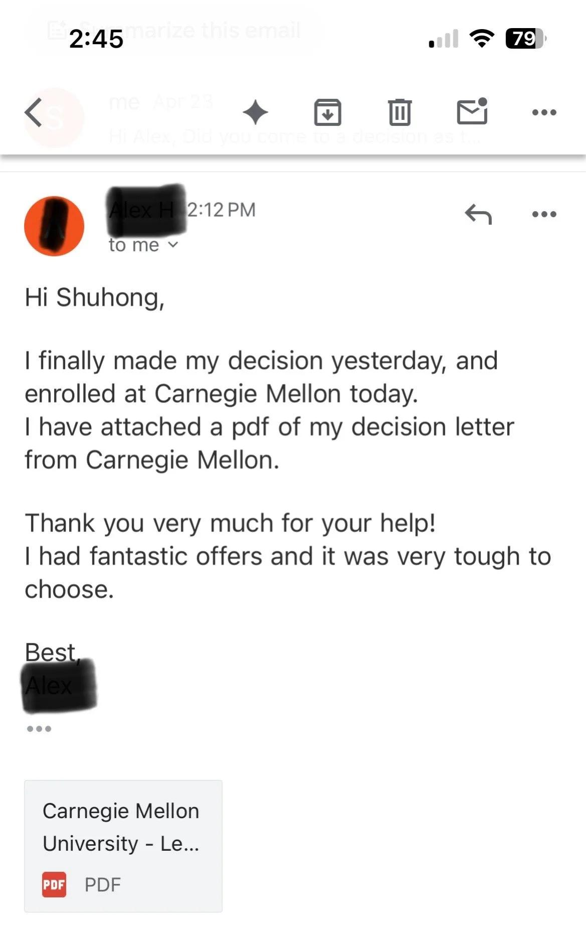 An email screenshot showing a message from Alex H to Shuhong, informing that Alex enrolled at Carnegie Mellon and attached a decision letter PDF from the university.