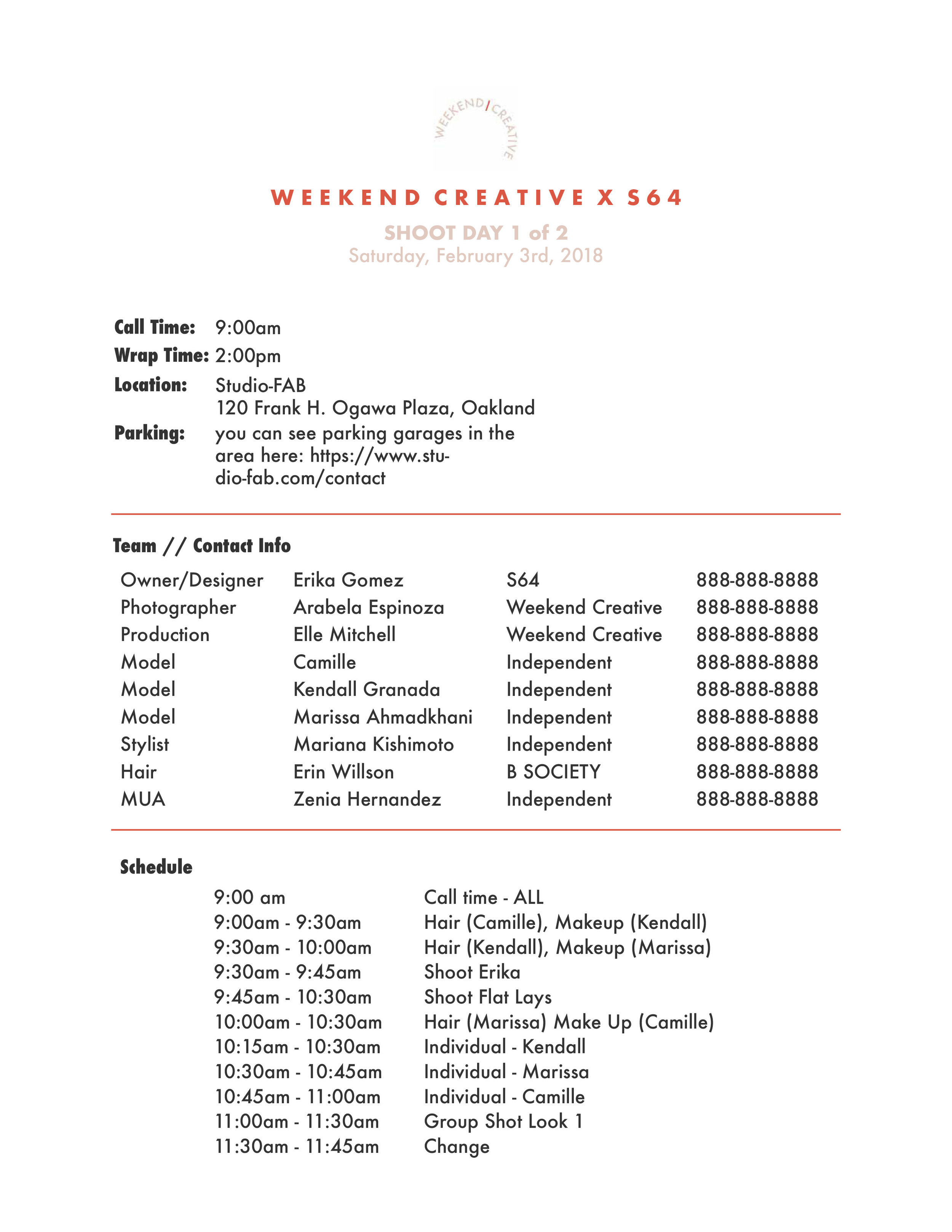 Photoshoot Prep Call Sheets Weekend Creative Photoshoot Call Sheet Template Words