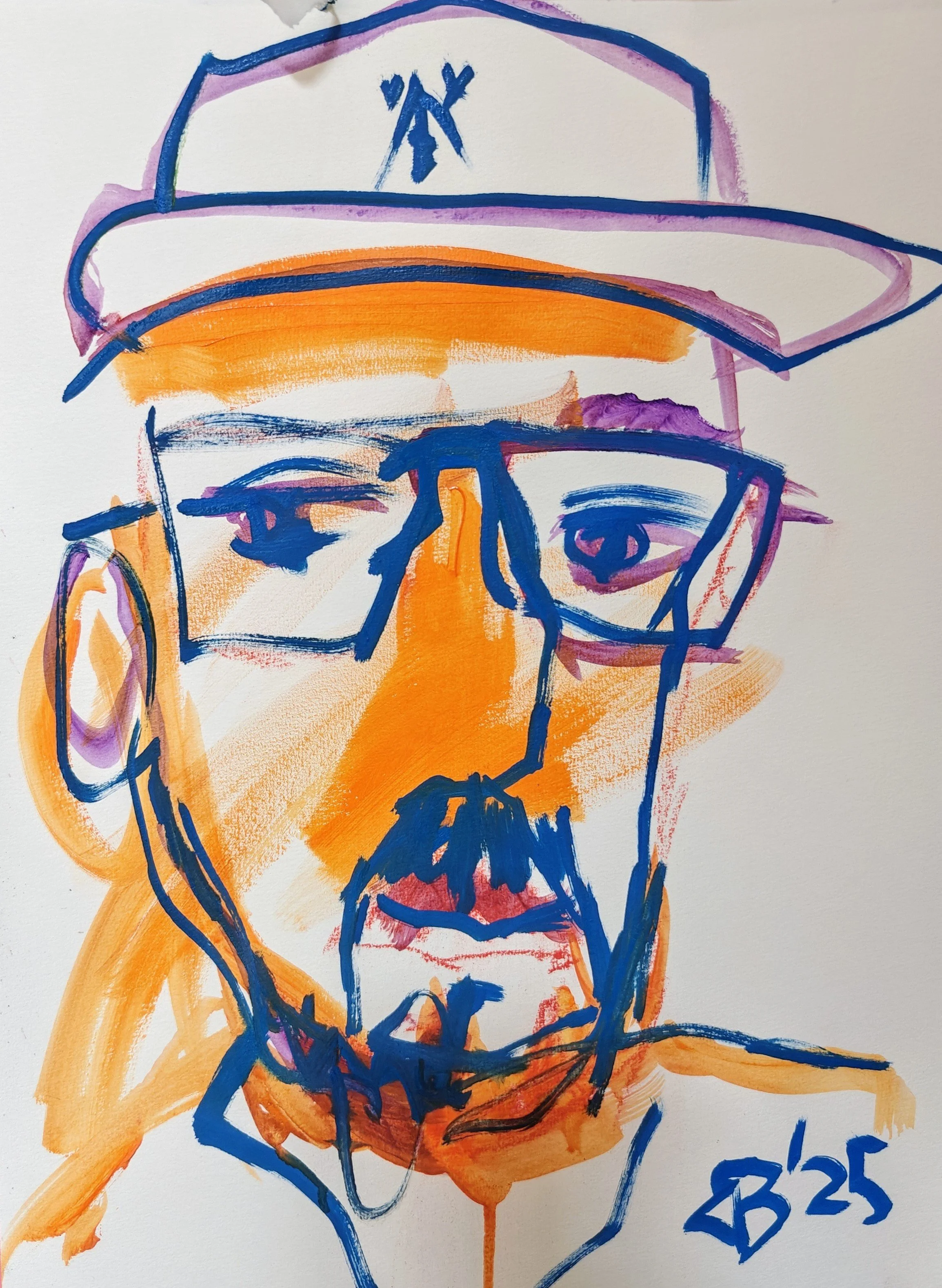Abstract portrait of a man wearing glasses and a baseball cap, painted with bold orange, purple, and blue strokes.