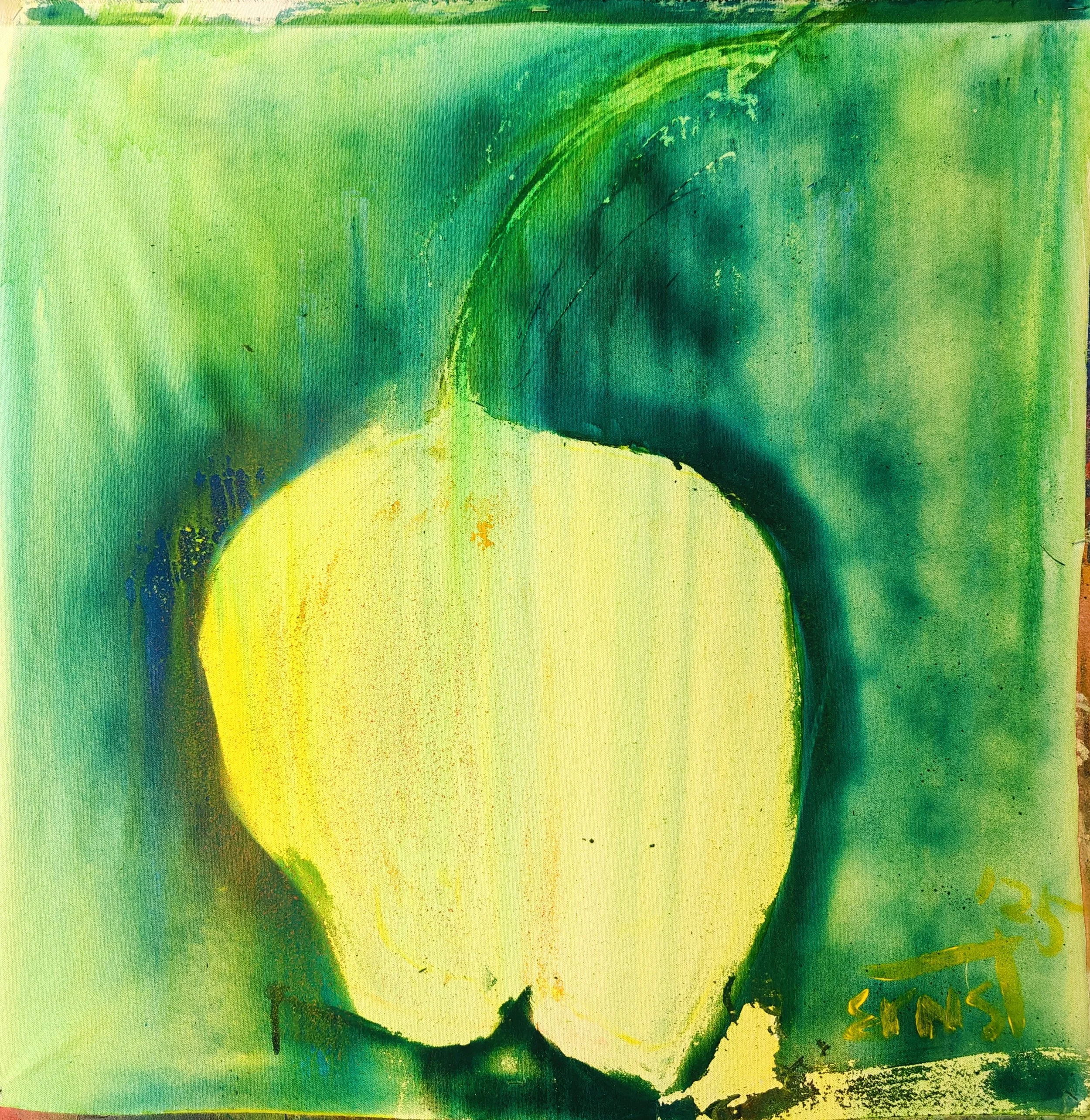 Abstract watercolor painting of a yellow apple with green and blue background.