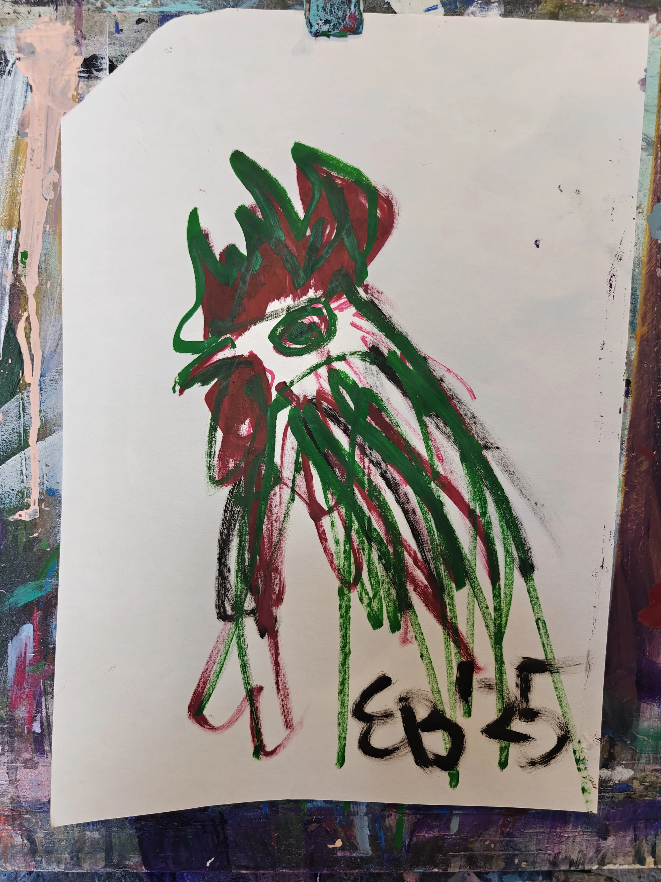 Colorful abstract drawing of a person's face with green hair and a long beard, signed with the name EDS in black at the bottom right.