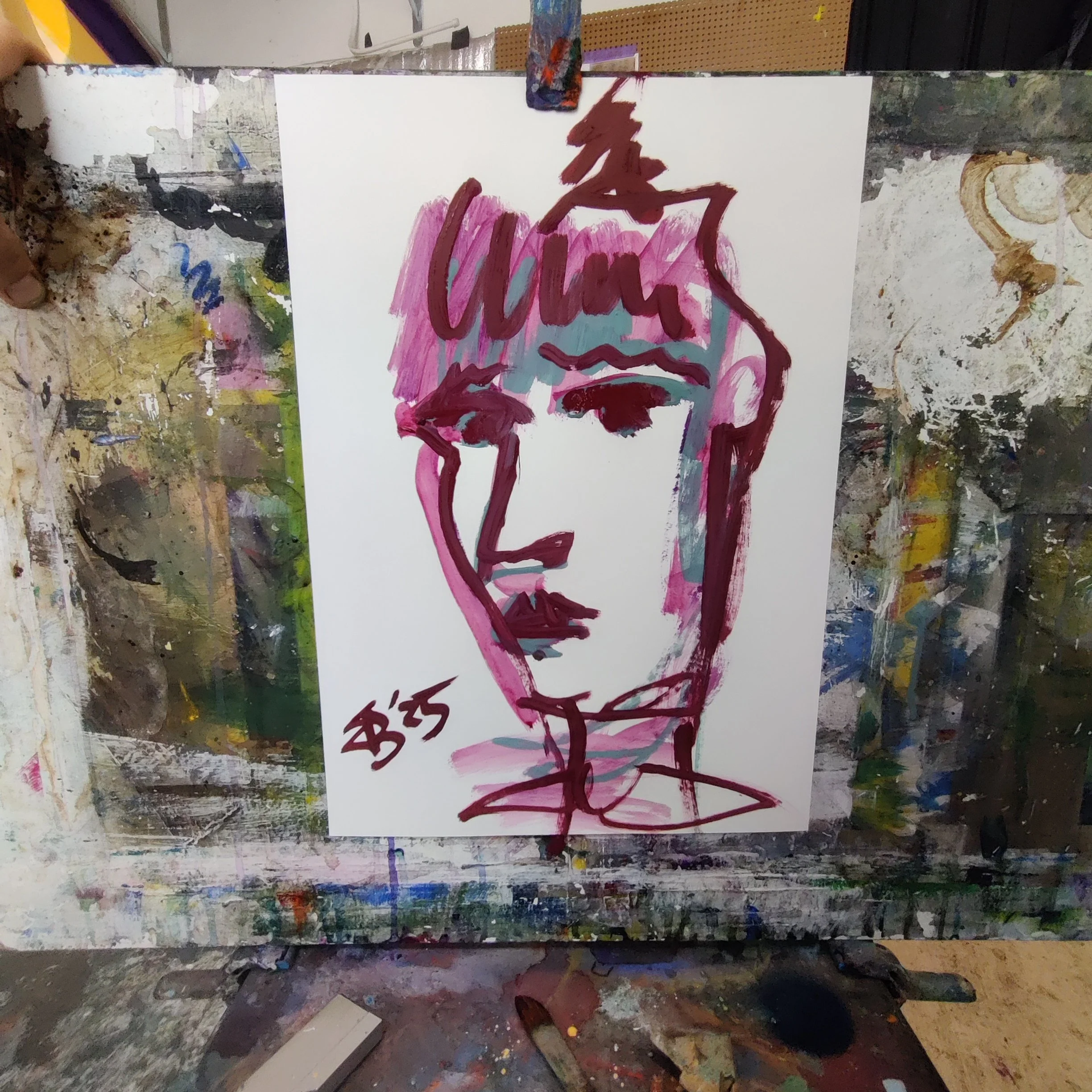 A colorful abstract portrait of a woman with short hair, painted with bold pink, purple, and burgundy strokes on a white canvas.