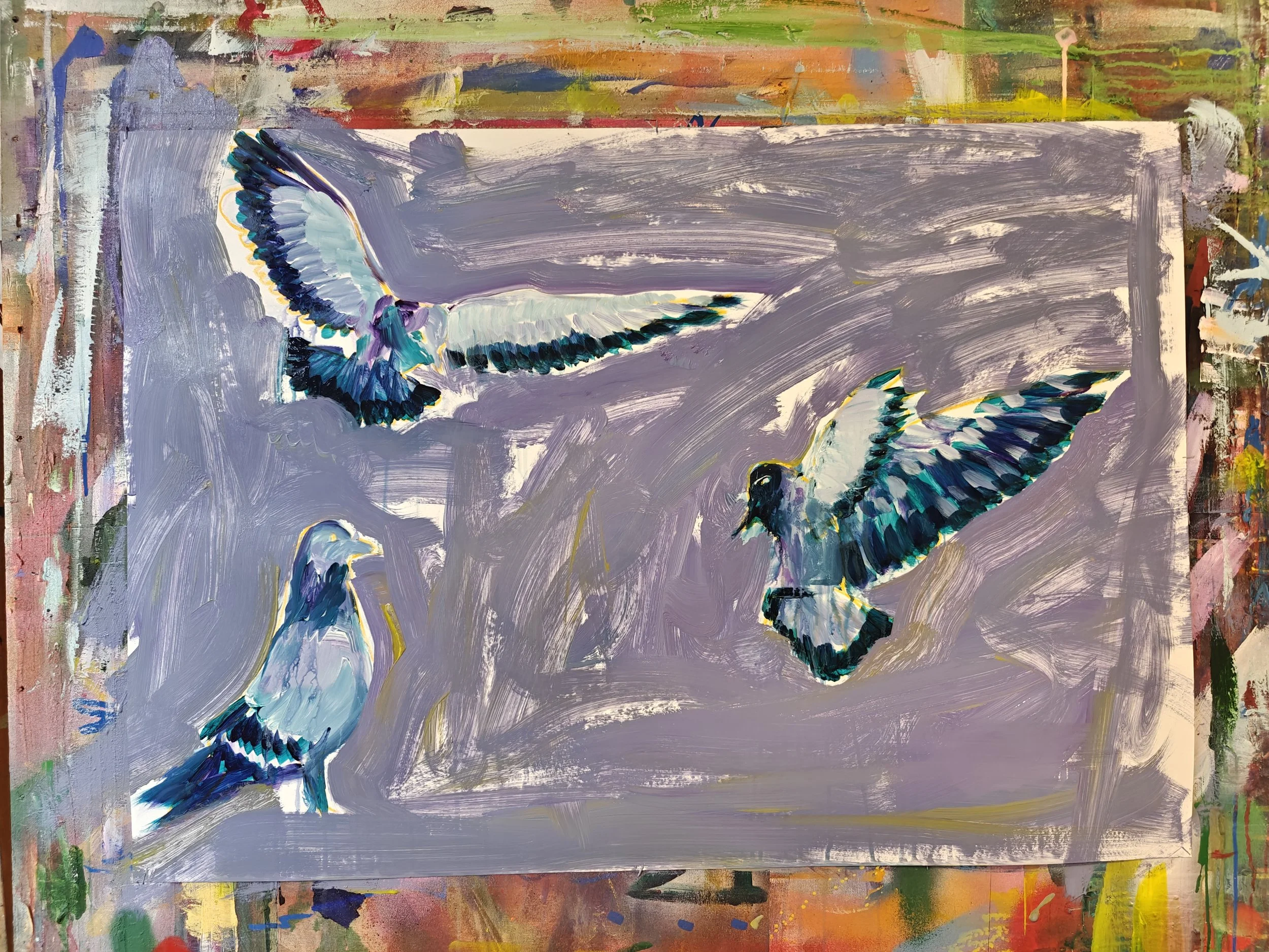 Painting of three birds in flight, set against a mostly purple background. The birds have blue, white, and black feathers with touches of yellow.
