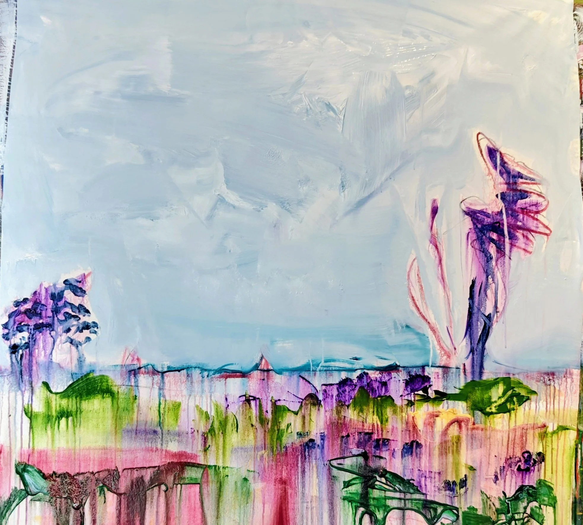 Abstract landscape painting with a light blue sky, purple and pink trees, and green and pink ground with drips and streaks.