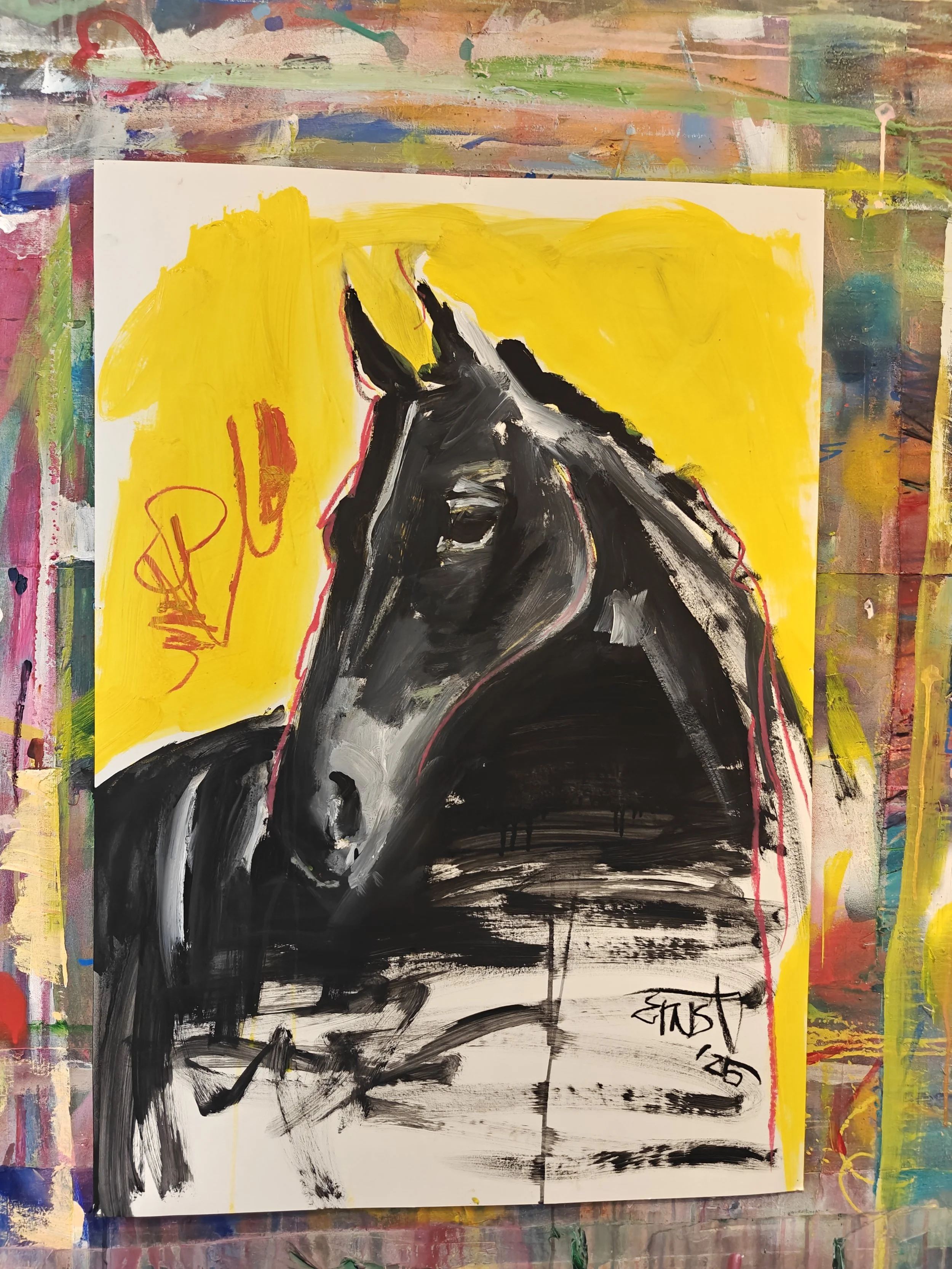 Painting of a black and white horse with a yellow background.