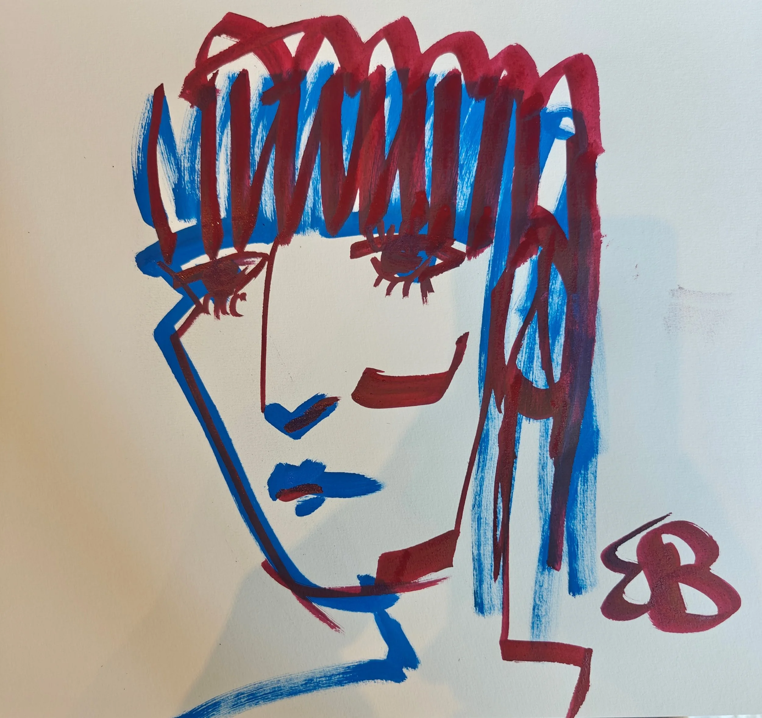 A colorful abstract portrait of a woman's face with red and blue strokes, featuring closed eyes, a slightly smiling mouth, and long hair, with a red flower in the lower right corner.