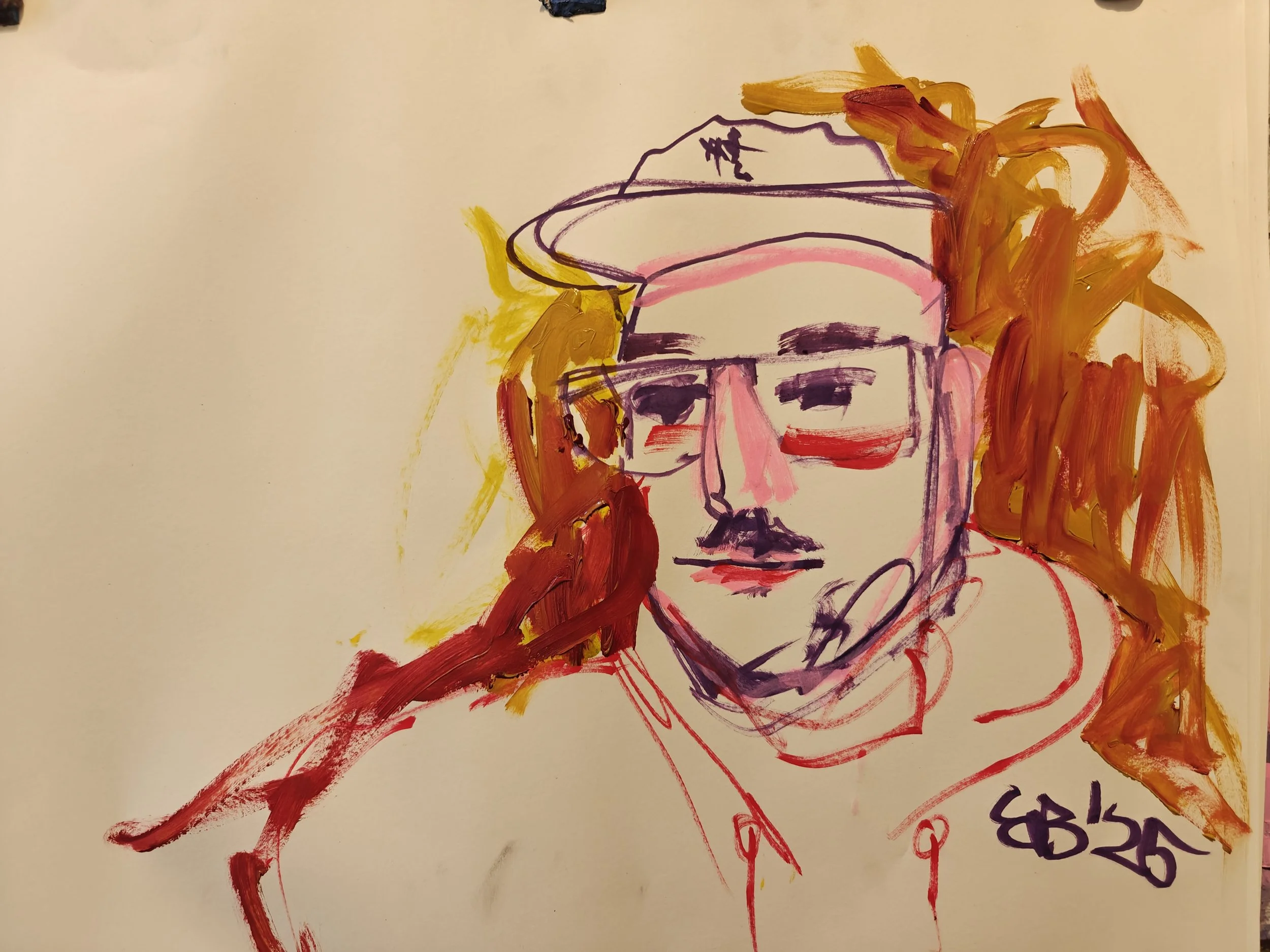 A colorful portrait of a man with a mustache, wearing glasses, a cap, and a hoodie, with orange and yellow hair, sketched with loose lines and bold strokes.
