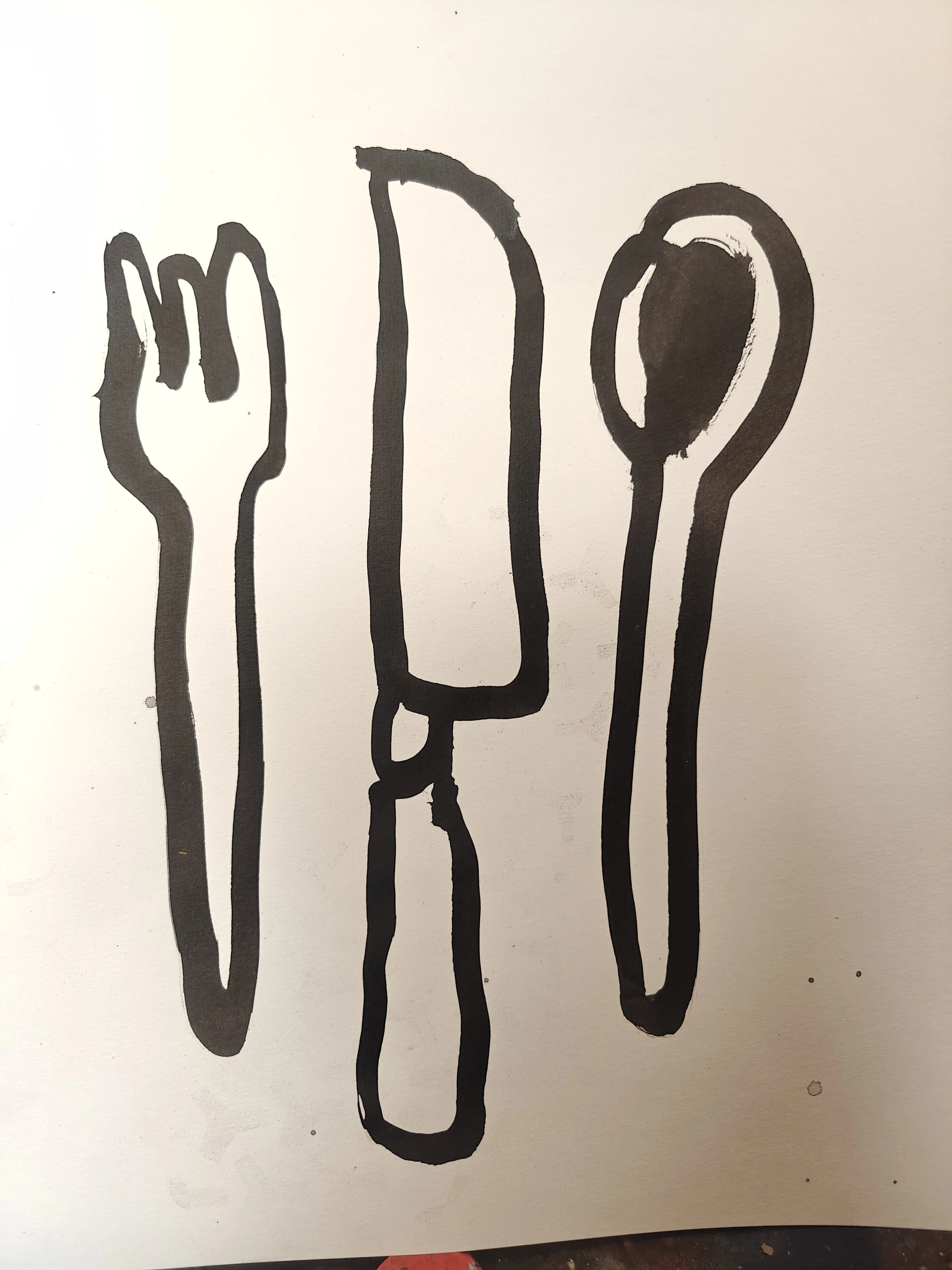 Line drawing of a fork on the left, a knife in the middle, and a spoon on the right, all outlined in black.