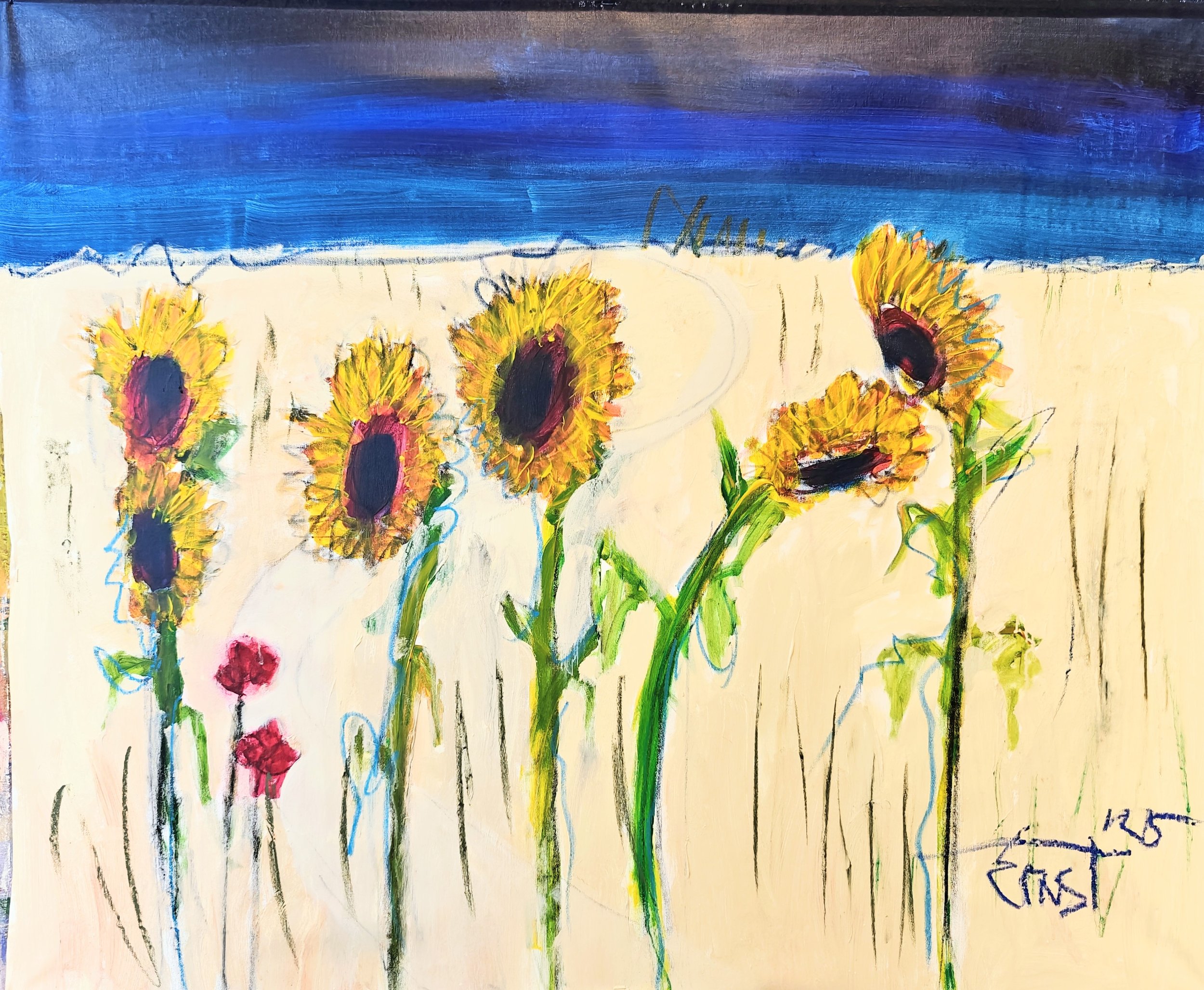 A colorful abstract painting of sunflowers with yellow petals and dark centers, set against a blue and light background, with signatures and markings at the bottom right corner.