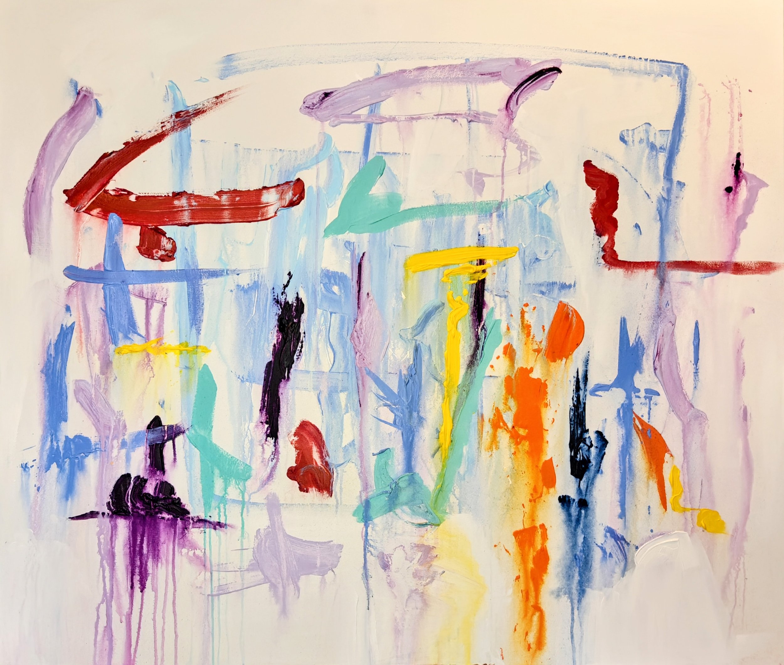 Abstract colorful painting with brushstrokes of red, blue, purple, yellow, green, orange, black, and pink on a light background.