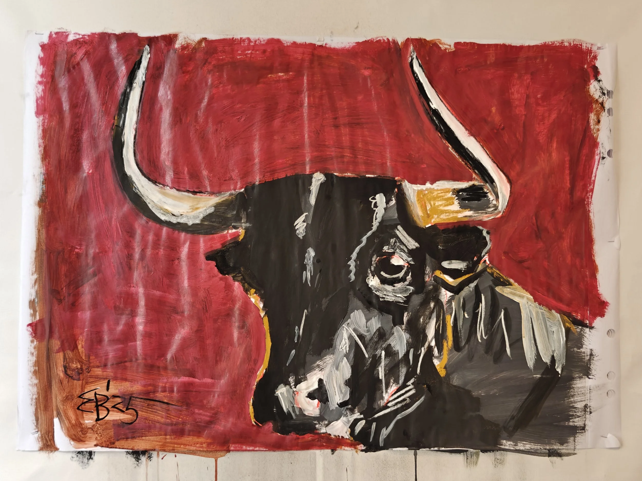 Abstract painting of a longhorn bull with prominent horns against a red background. Signed by artist in the bottom left corner.