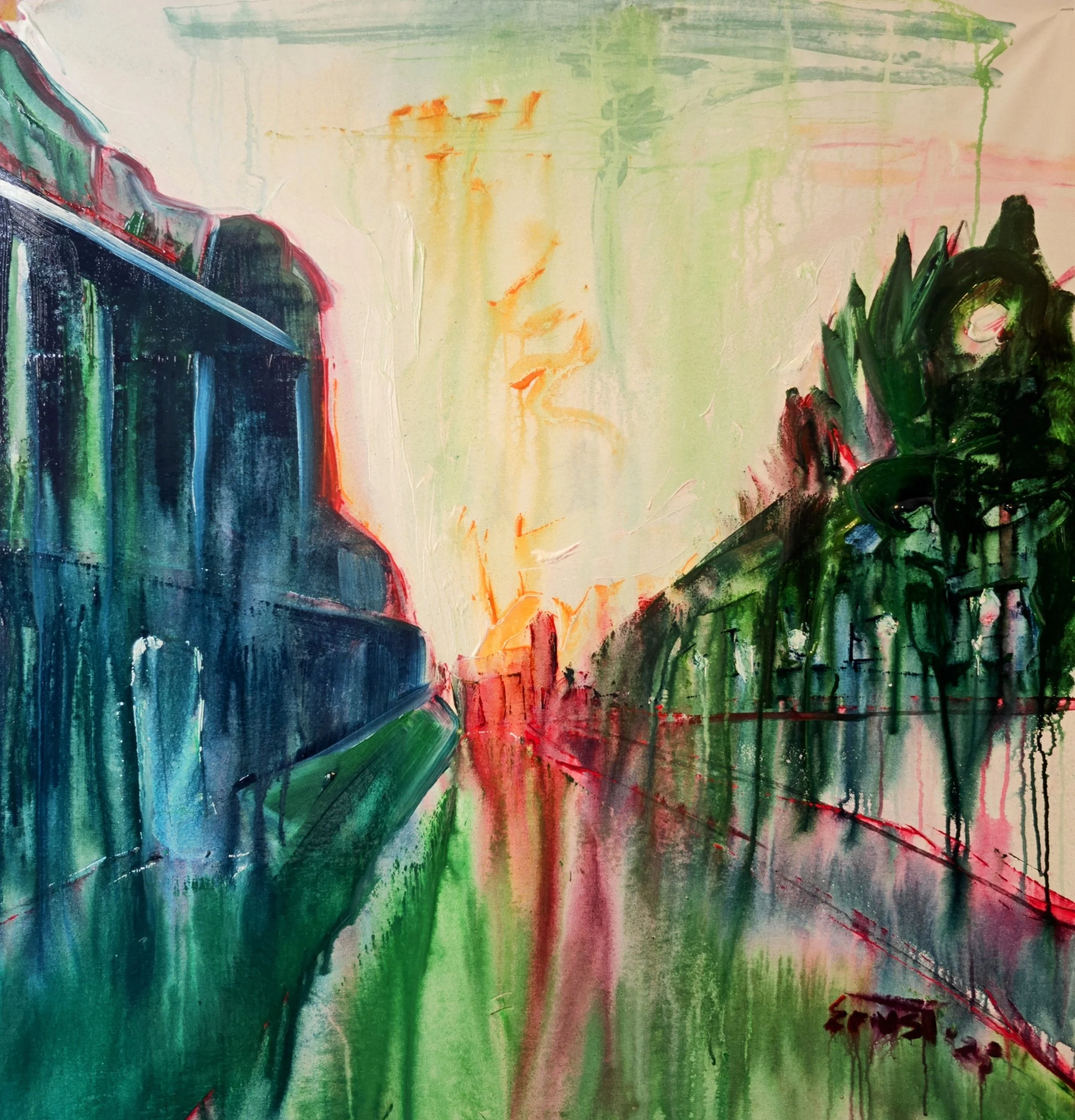 An abstract painting of a city street with buildings on the left, greenery on the right, and a vibrant sky with warm colors in the background.