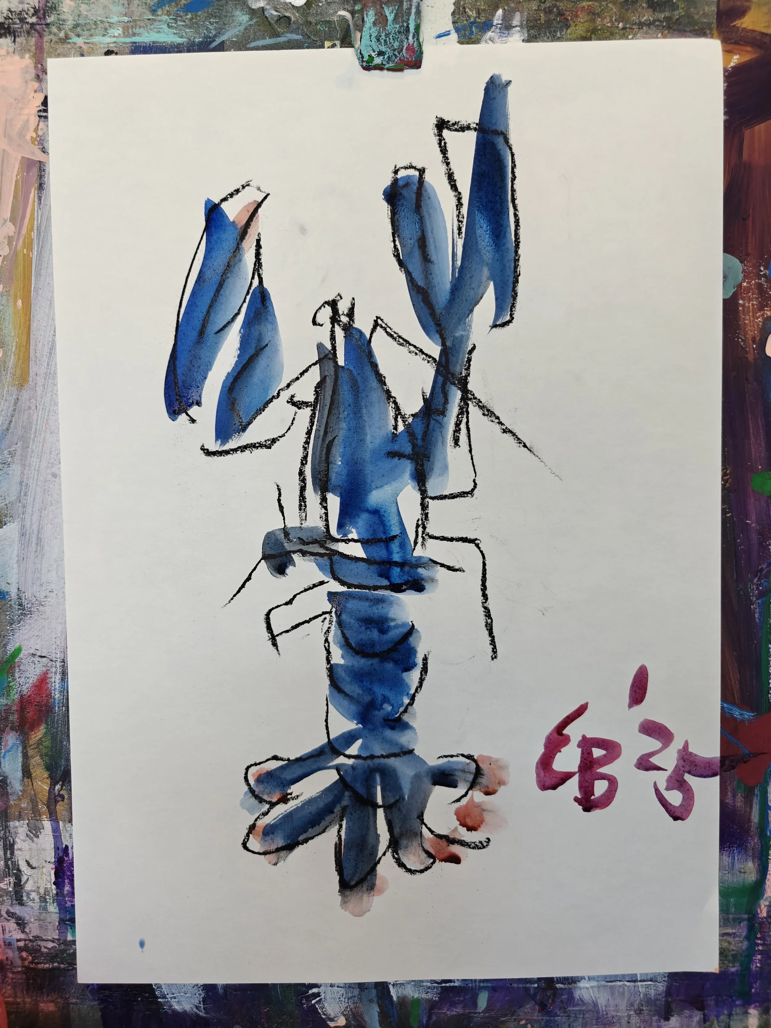 A watercolor painting of a lobster in blue and black outlines on white paper, with the number 'LB35' written in pink in the bottom right corner.