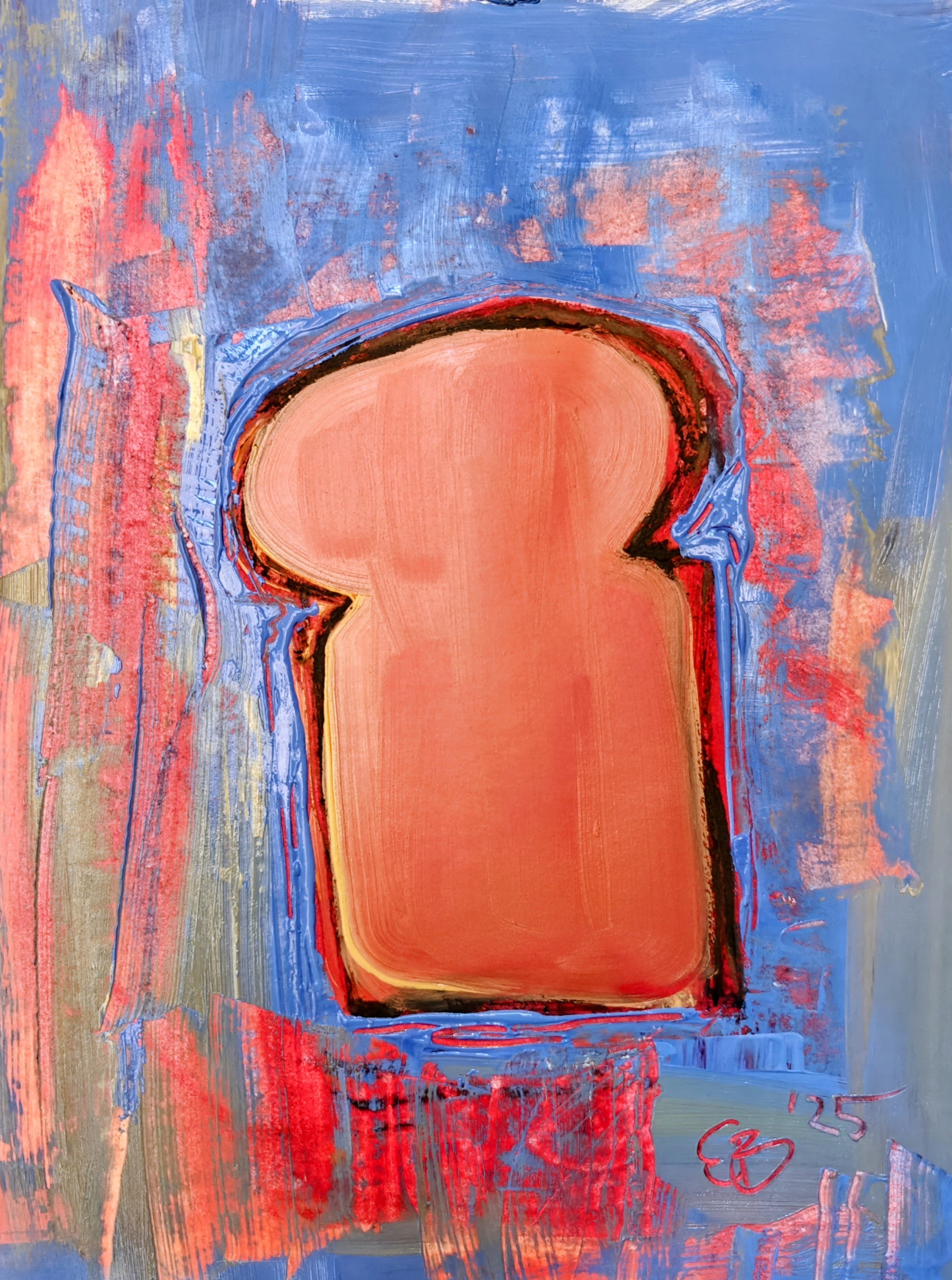 Abstract painting with a large central shape resembling a slice of bread, surrounded by vibrant blue and red brushstrokes.