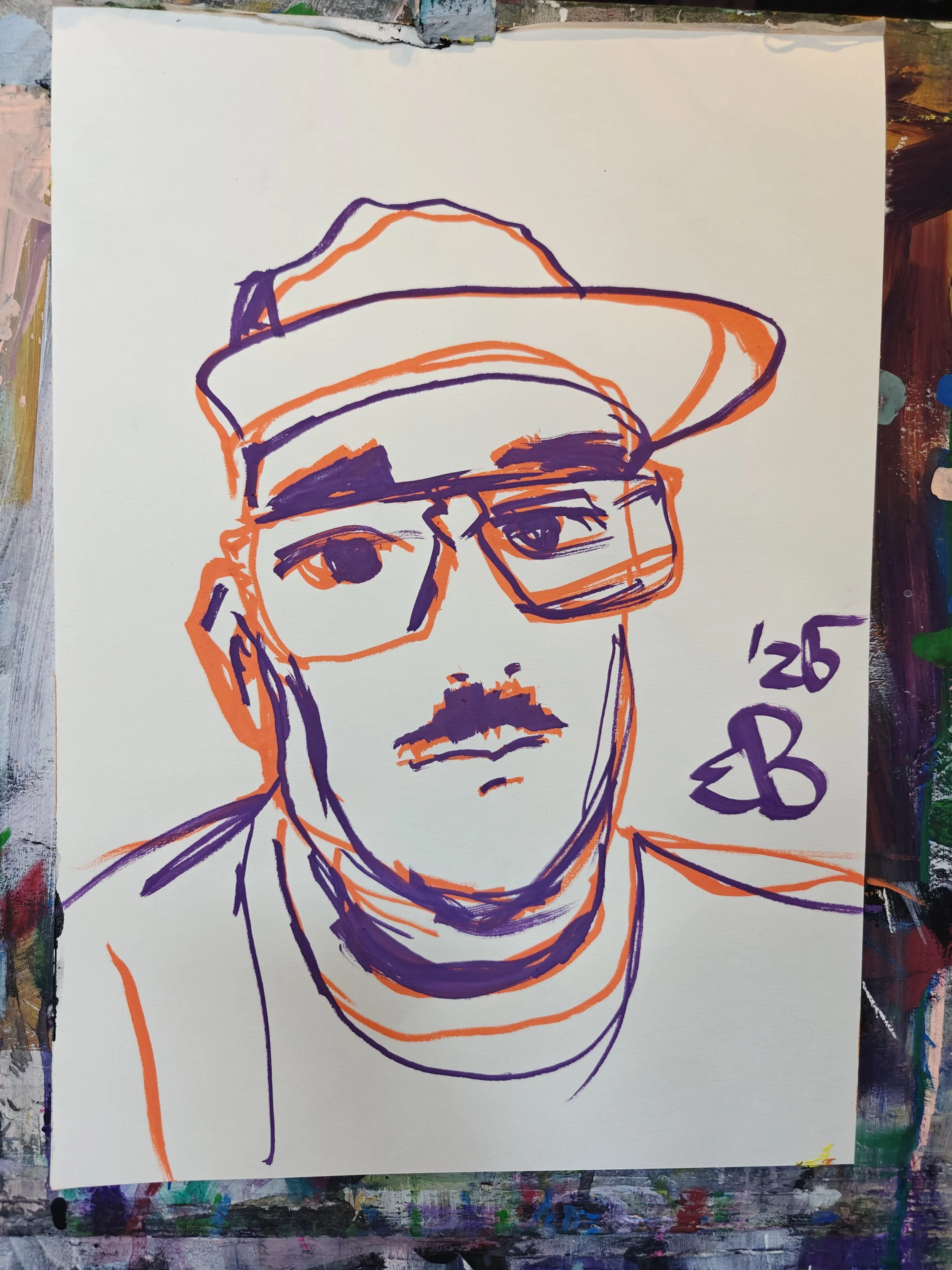 Line drawing of a man with glasses, a hat, and a mustache, signed with the date '25' and a butterfly symbol.