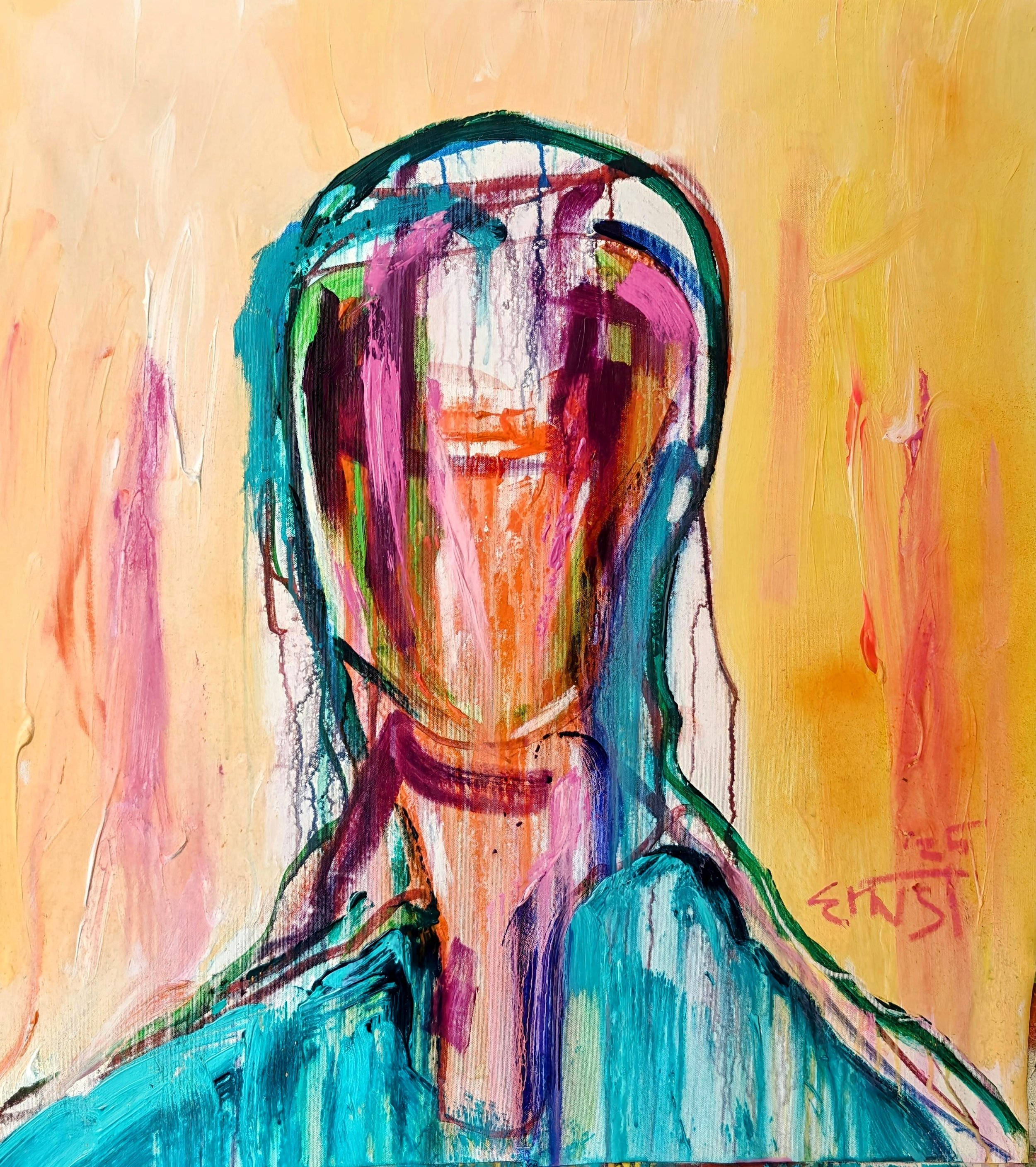 Abstract painting of a person with a colorful, blurred face, held in a blue shirt, with pink, orange, green, and purple strokes on a light yellow background.