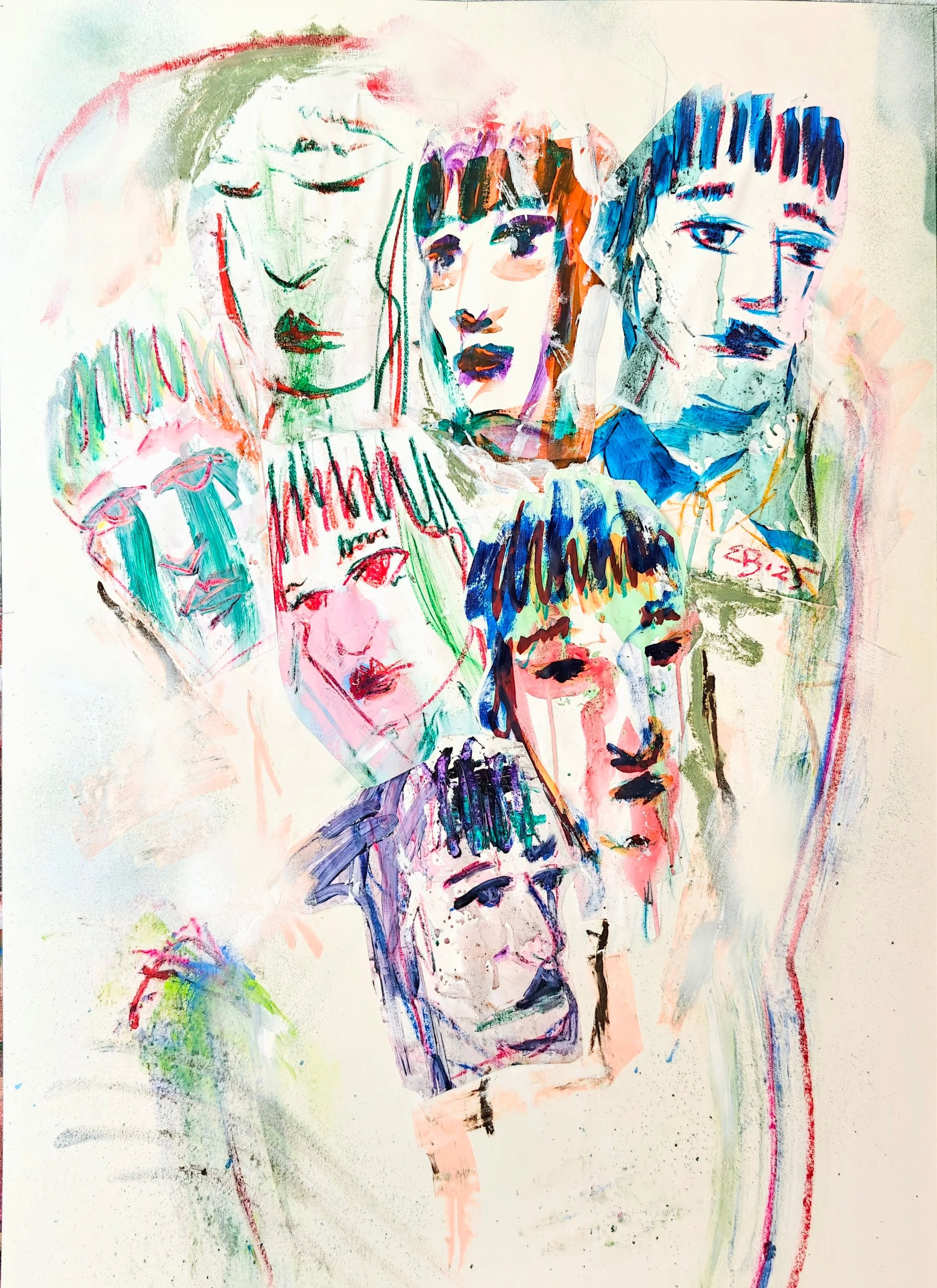 Abstract watercolor style artwork of multiple faces with varied expressions and hair styles, featuring vibrant colors and loose, expressive brushwork.