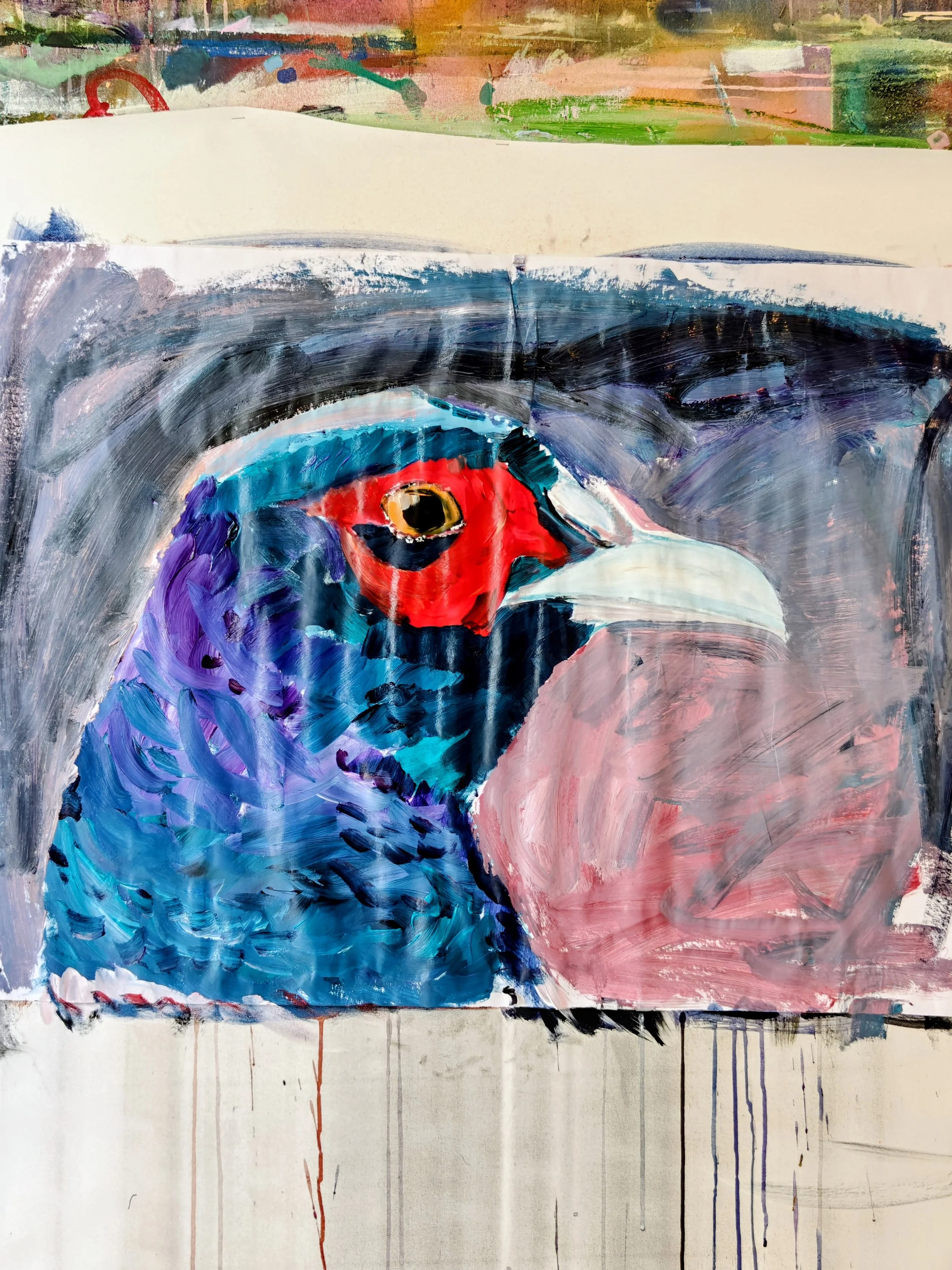 Expressive painting of a bird with a blue body, red face, and white beak, set against a colorful abstract background.